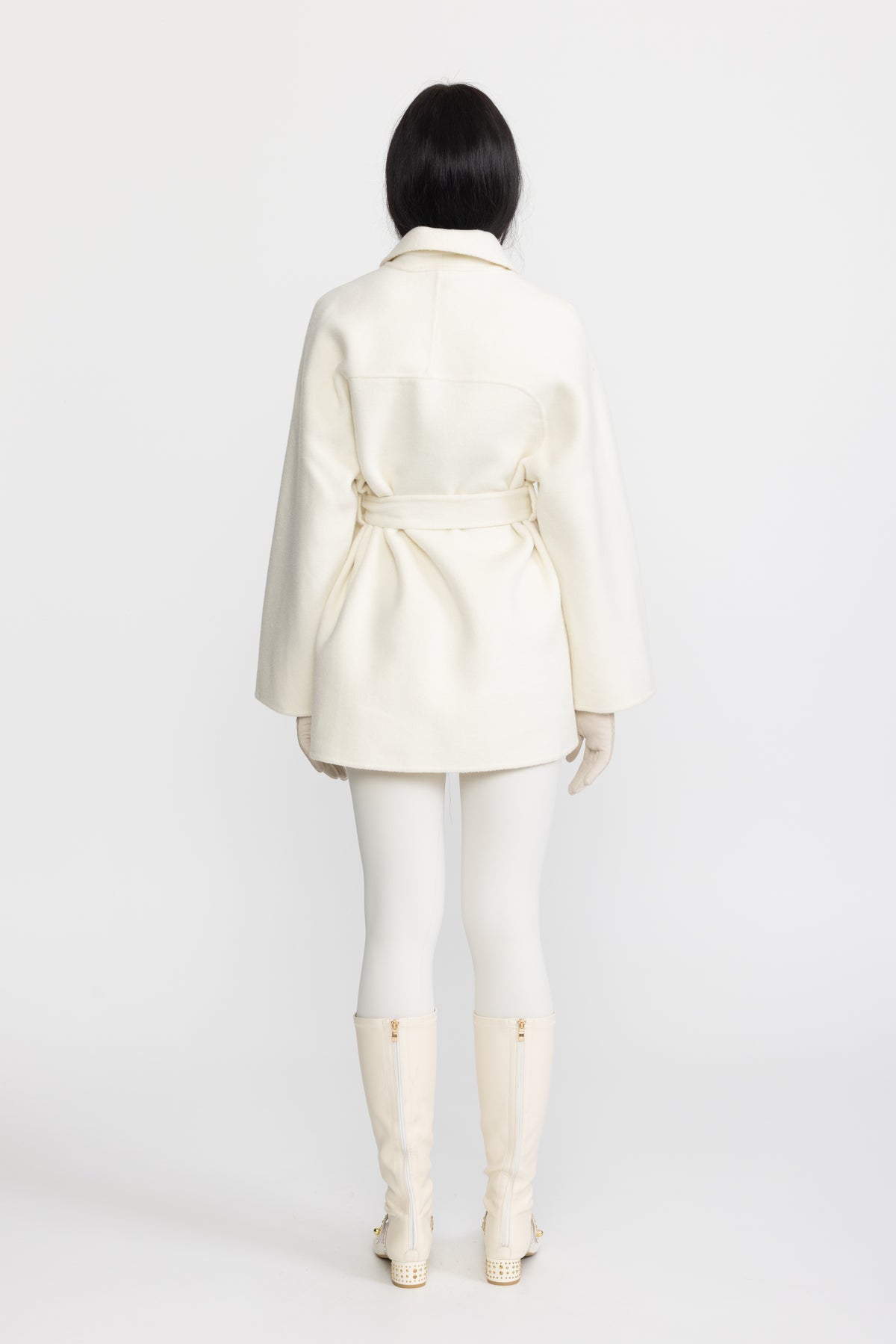 Giacca in lana con cintura e finiture in ecopelle - Off-White
