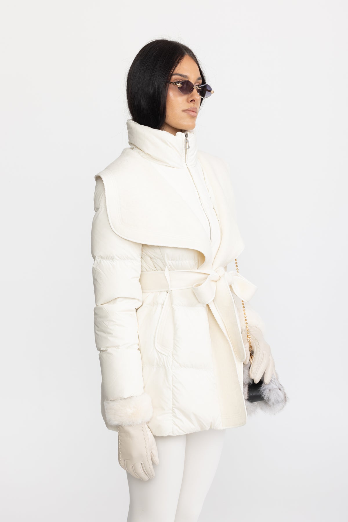 Draped Collar Belted Down Jacket with Plush Cuffs - Ivoire