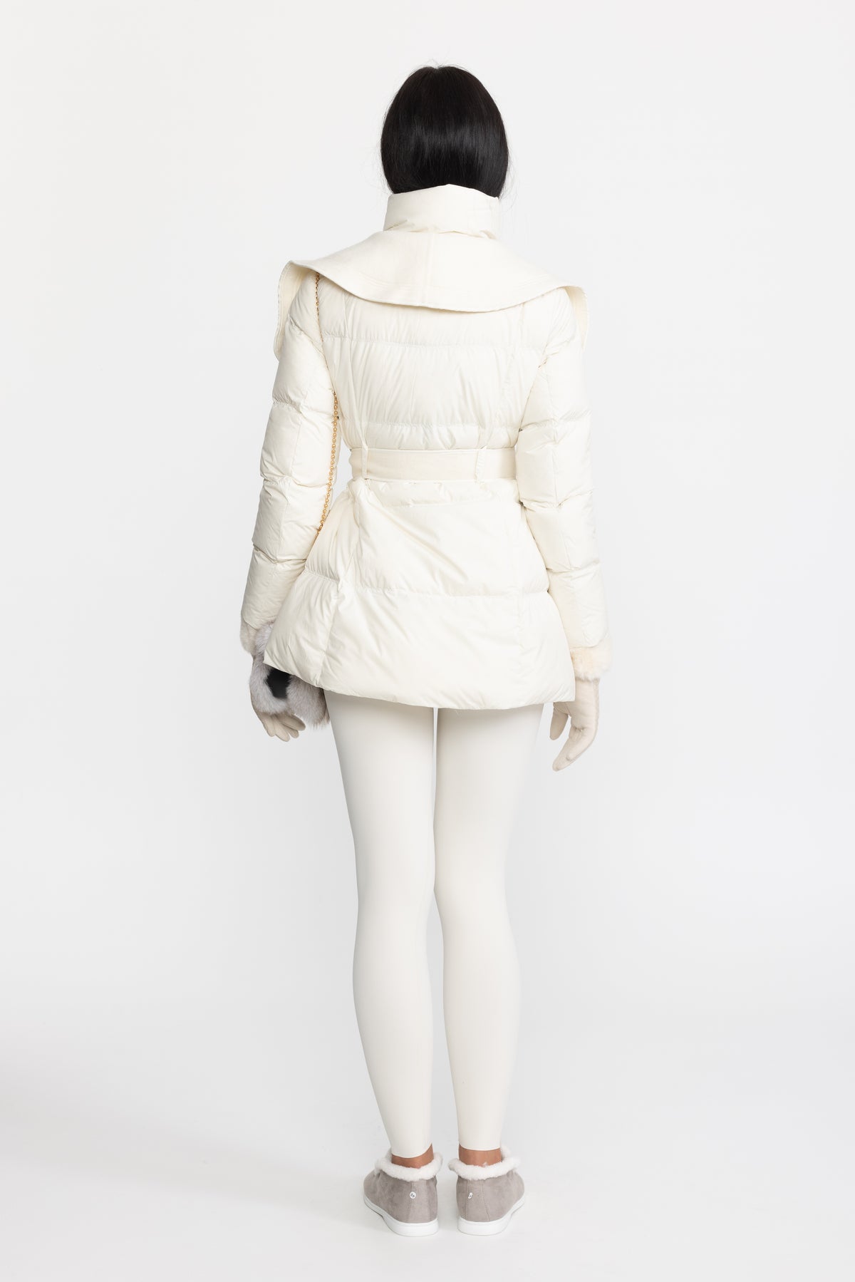 Draped Collar Belted Down Jacket with Plush Cuffs - Ivoire