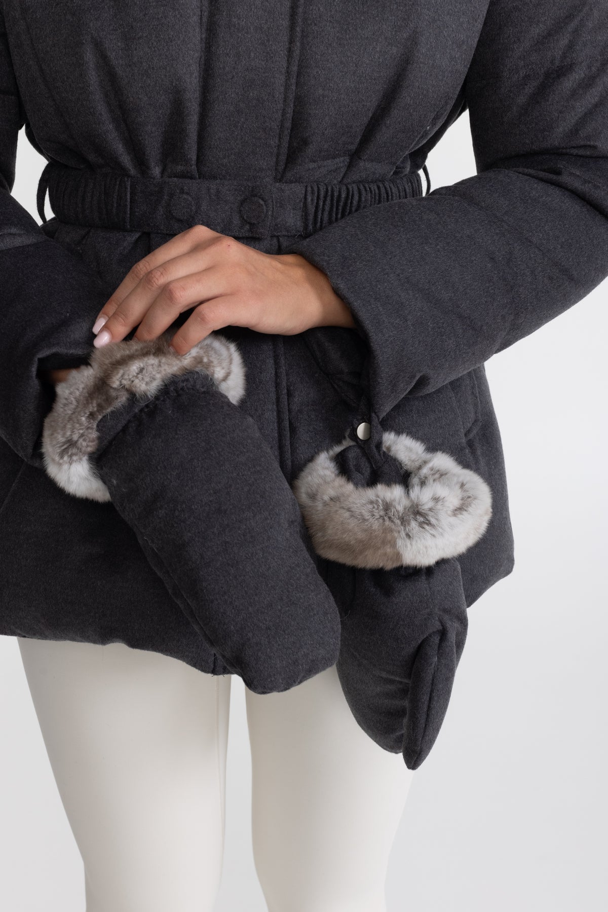 Piumino in cotone e seta con collo in pelliccia di rex rabbit - Antracite