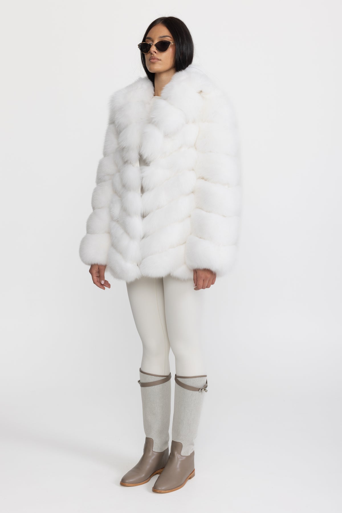 Tiered Fox Fur Jacket With Oversized Shawl Collar – White