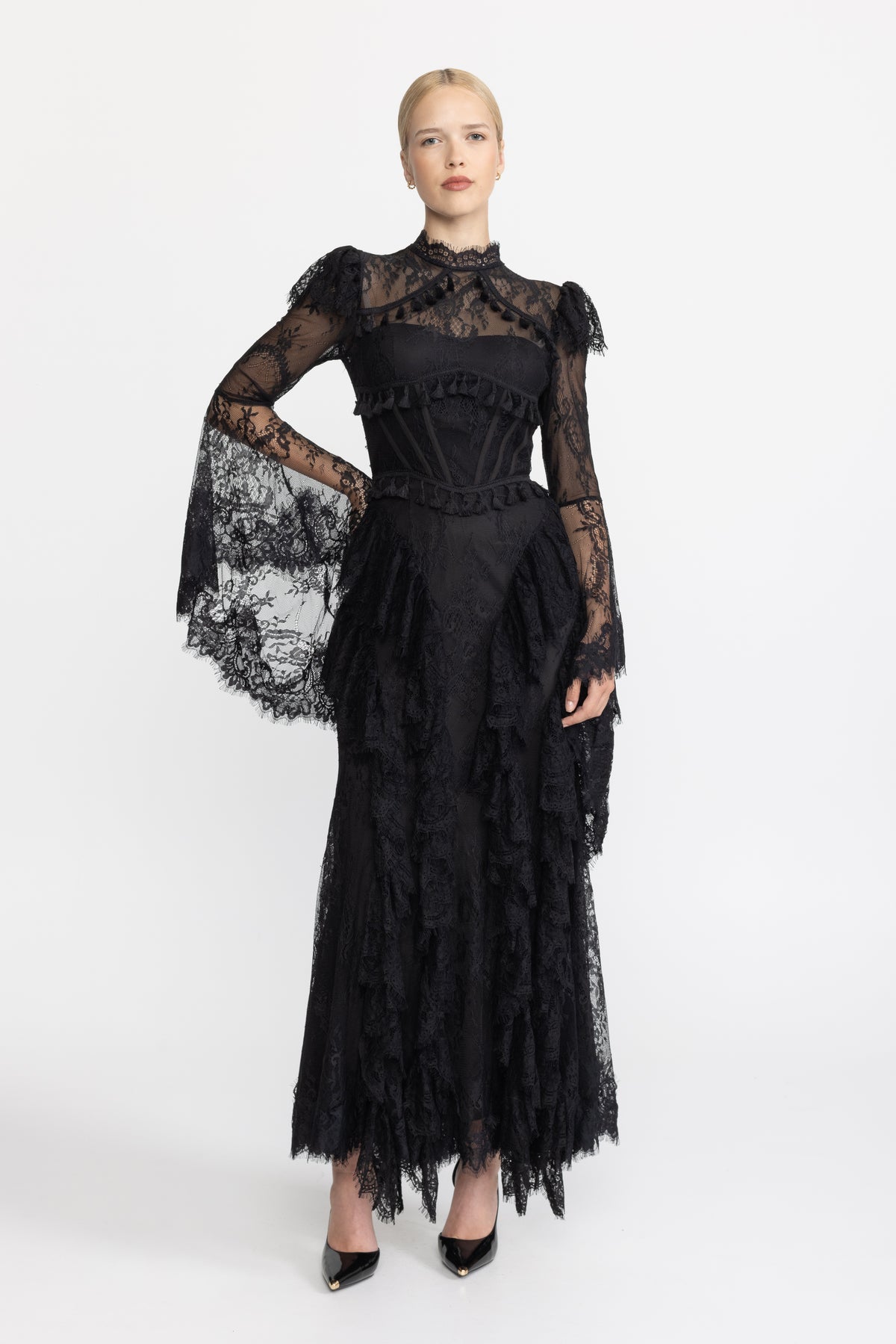 Tassel Trim Lace Corset Bell Sleeve Maxi Dress - Black