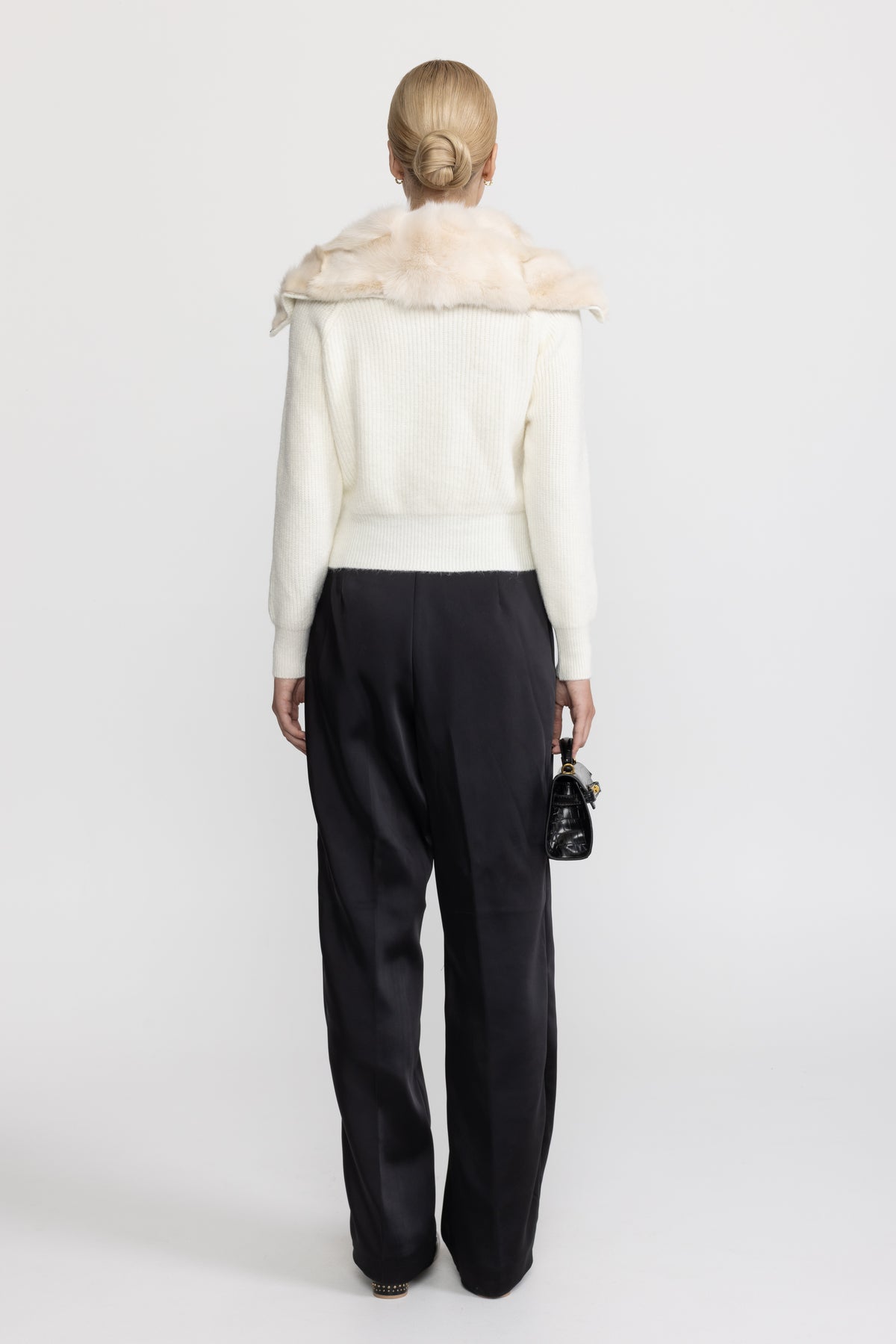 Cardigan in maglia con pannello in pelliccia di coniglio e zip - Ivoire