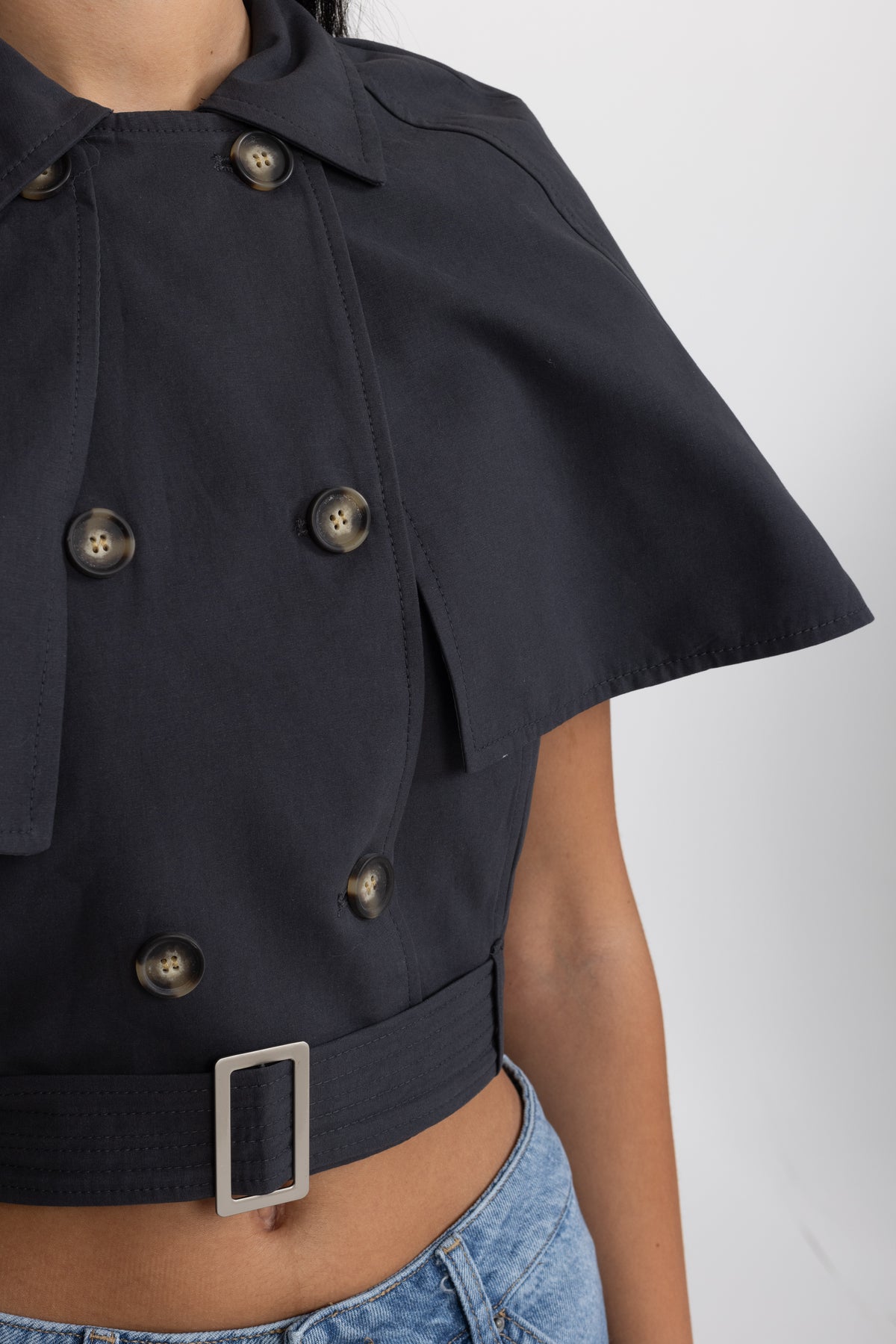 Cropped Trench Cape Top with Belt - Navy