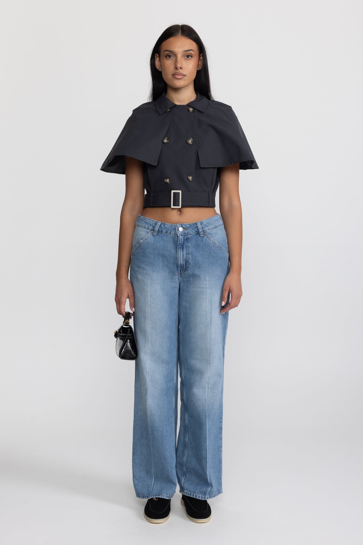 Cropped Trench Cape Top with Belt - Navy