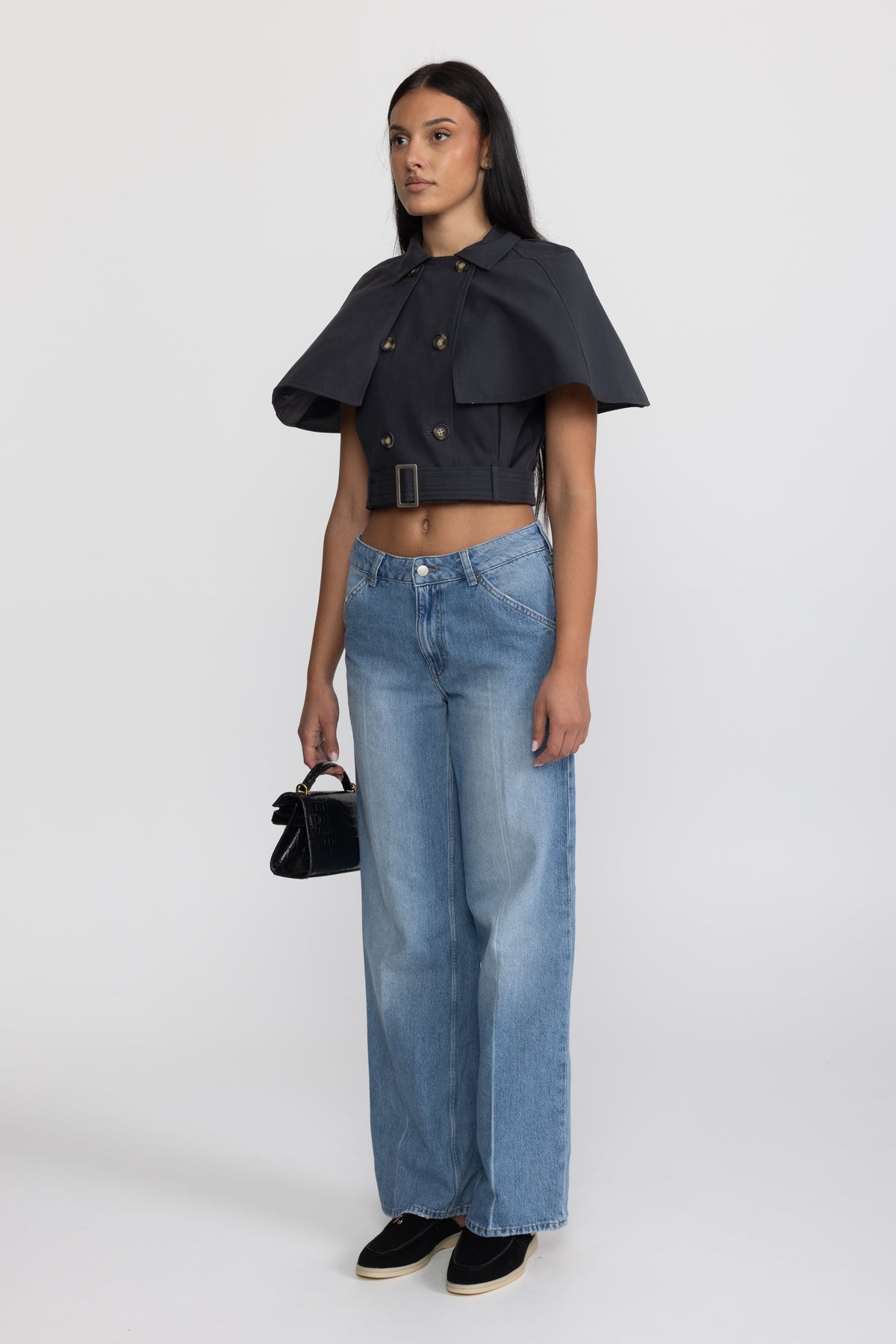 Cropped Trench Cape Top with Belt - Navy