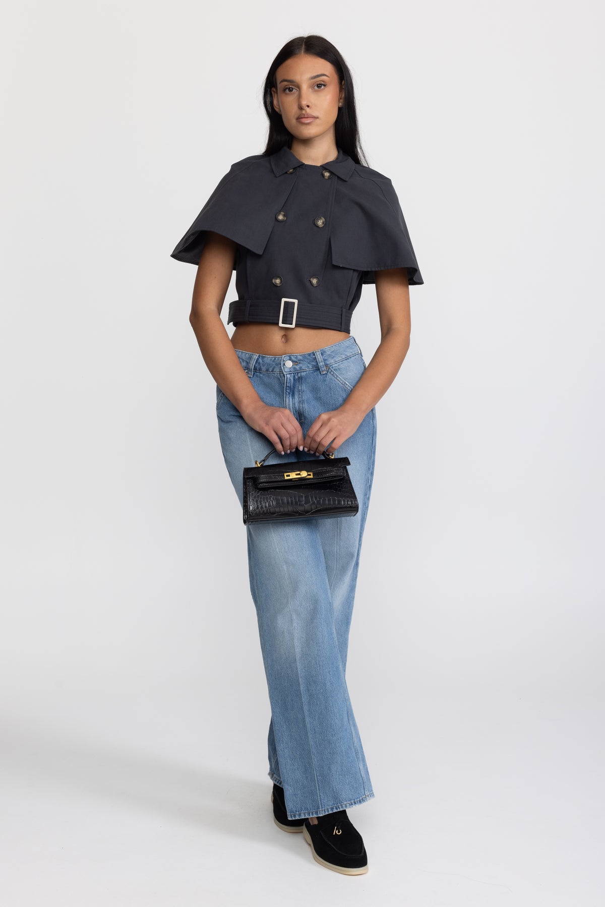 Cropped Trench Cape Top with Belt - Navy