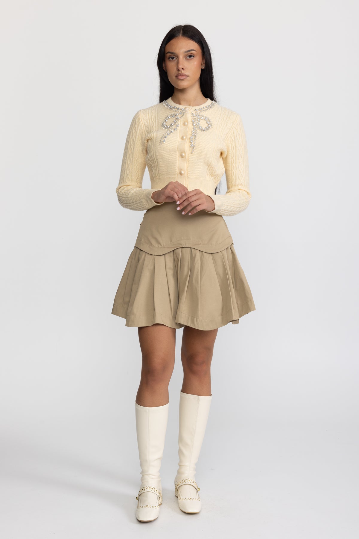 Pearl Bow Embellished Cable Knit Cardigan - Yellow