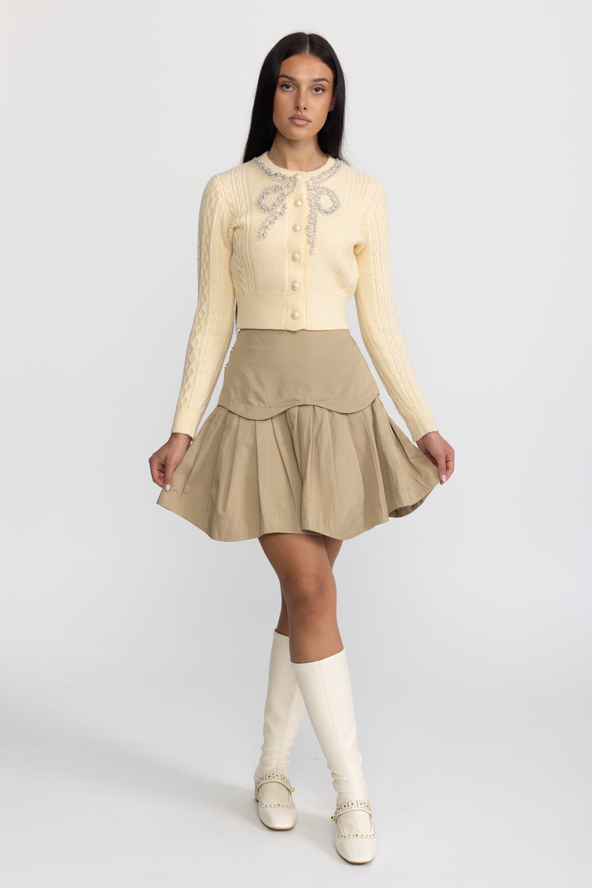 Pearl Bow Embellished Cable Knit Cardigan - Yellow