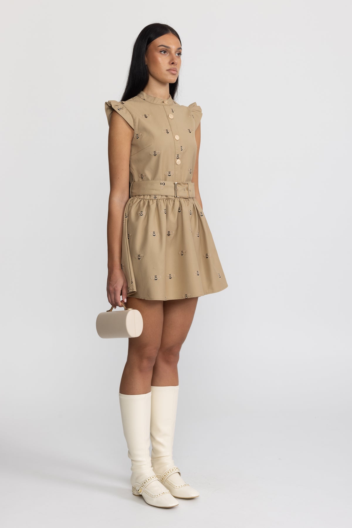 Mini abito in cotone con ricamo ape e cintura - kaki