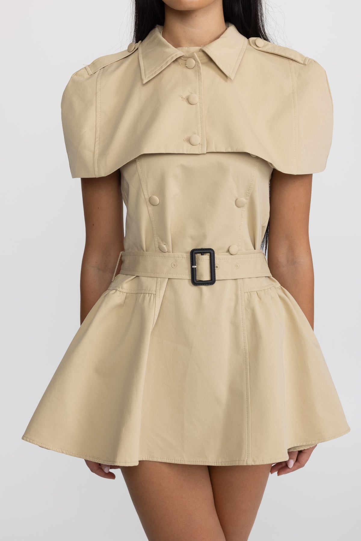 Abito mini trench con scollo all’americana e mantellina removibile - Khaki