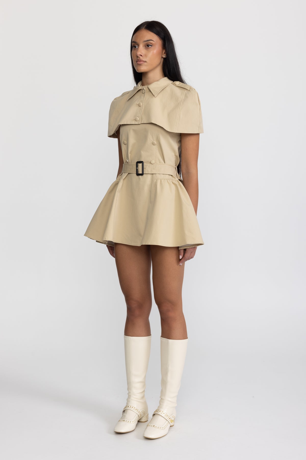 Abito mini trench con scollo all’americana e mantellina removibile - Khaki