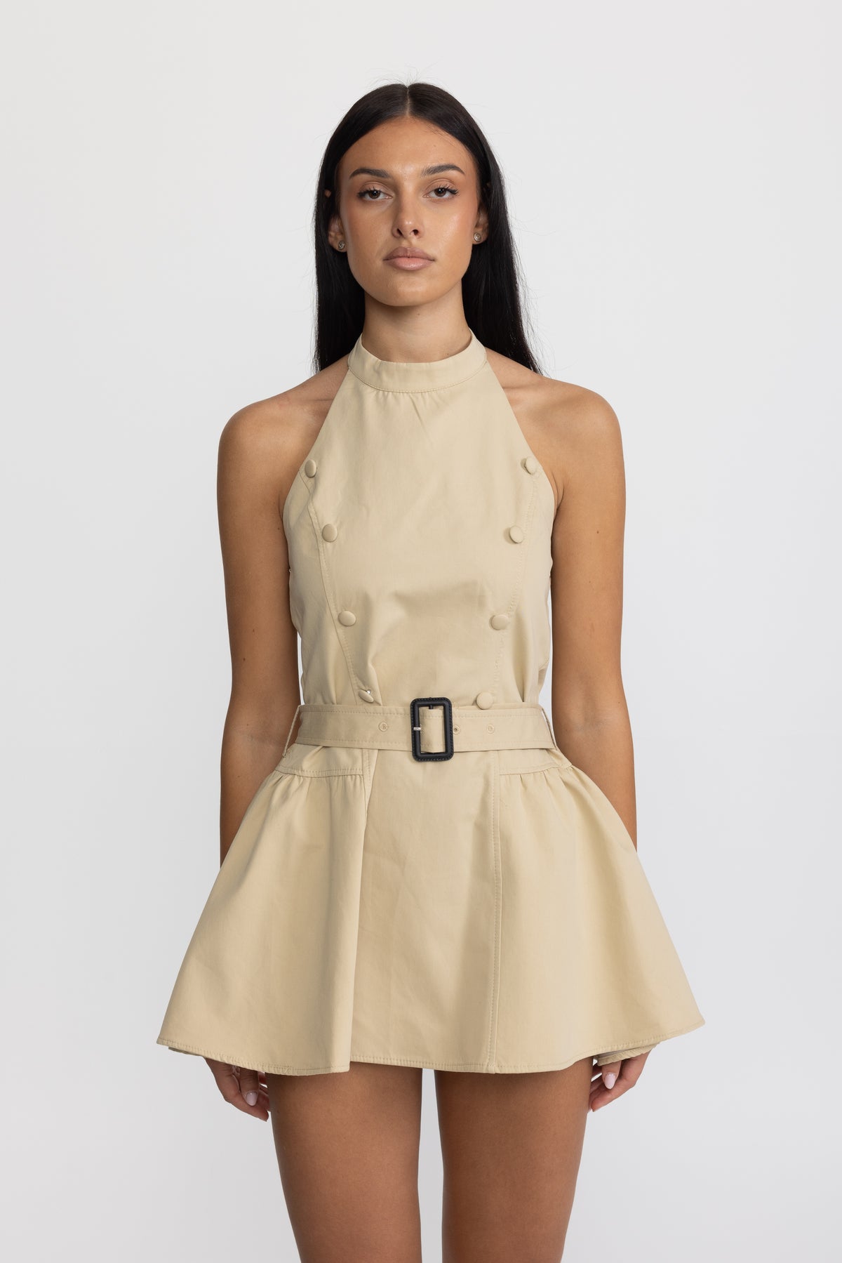 Abito mini trench con scollo all’americana e mantellina removibile - Khaki