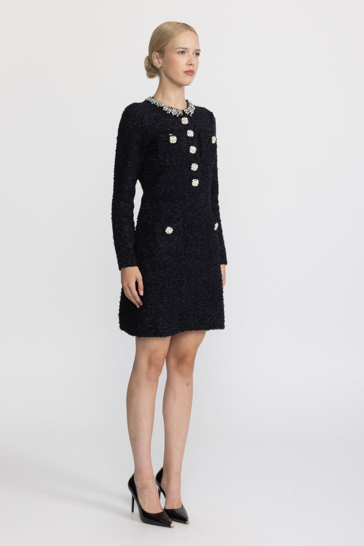 Mini abito in maglia bouclé con cristalli applicati - Nero