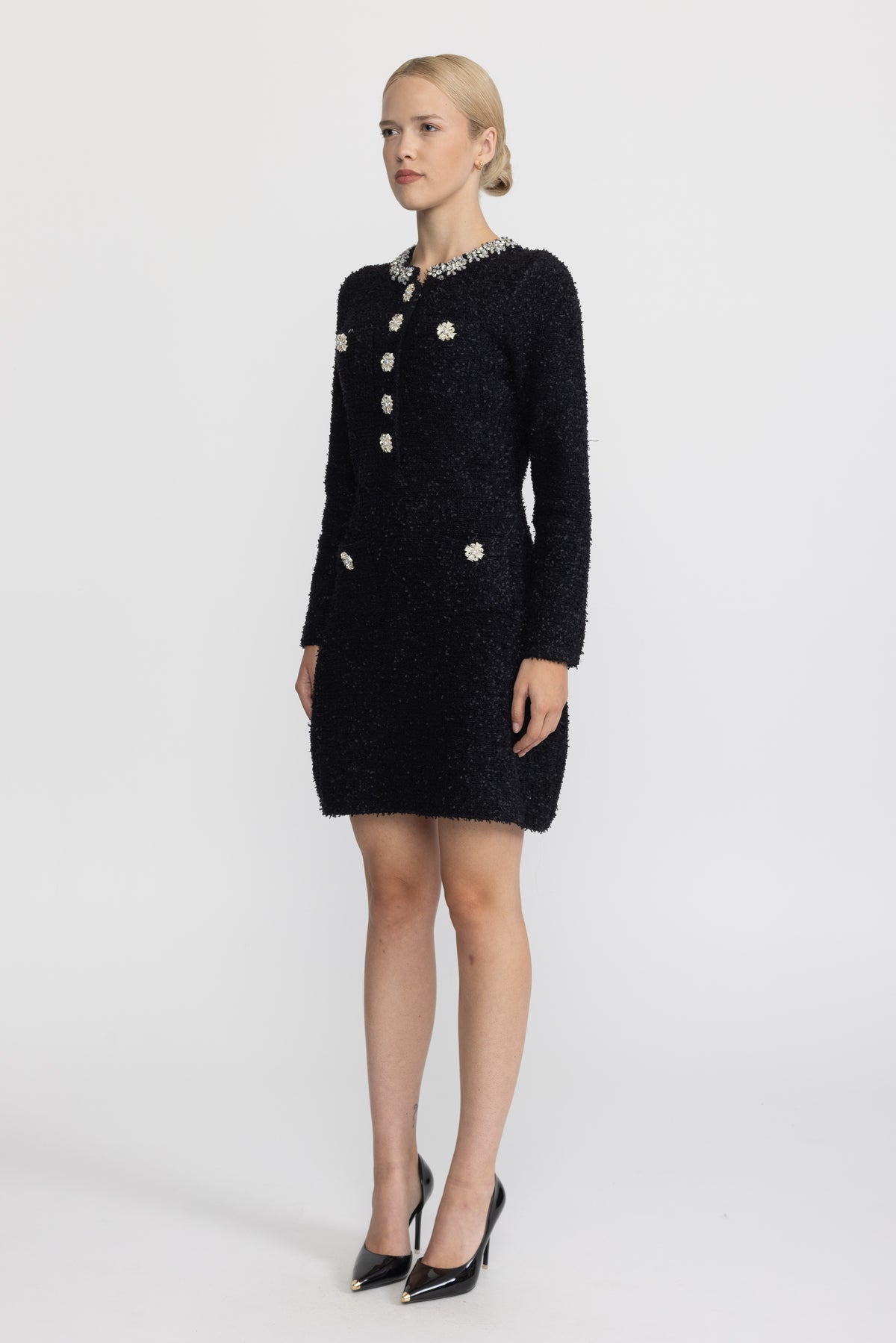 Mini abito in maglia bouclé con cristalli applicati - Nero