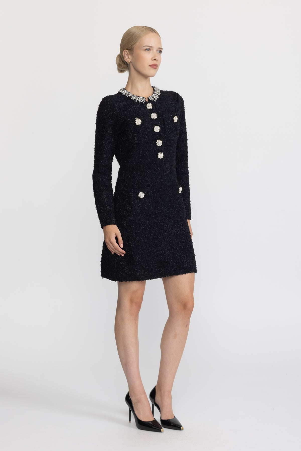 Mini abito in maglia bouclé con cristalli applicati - Nero