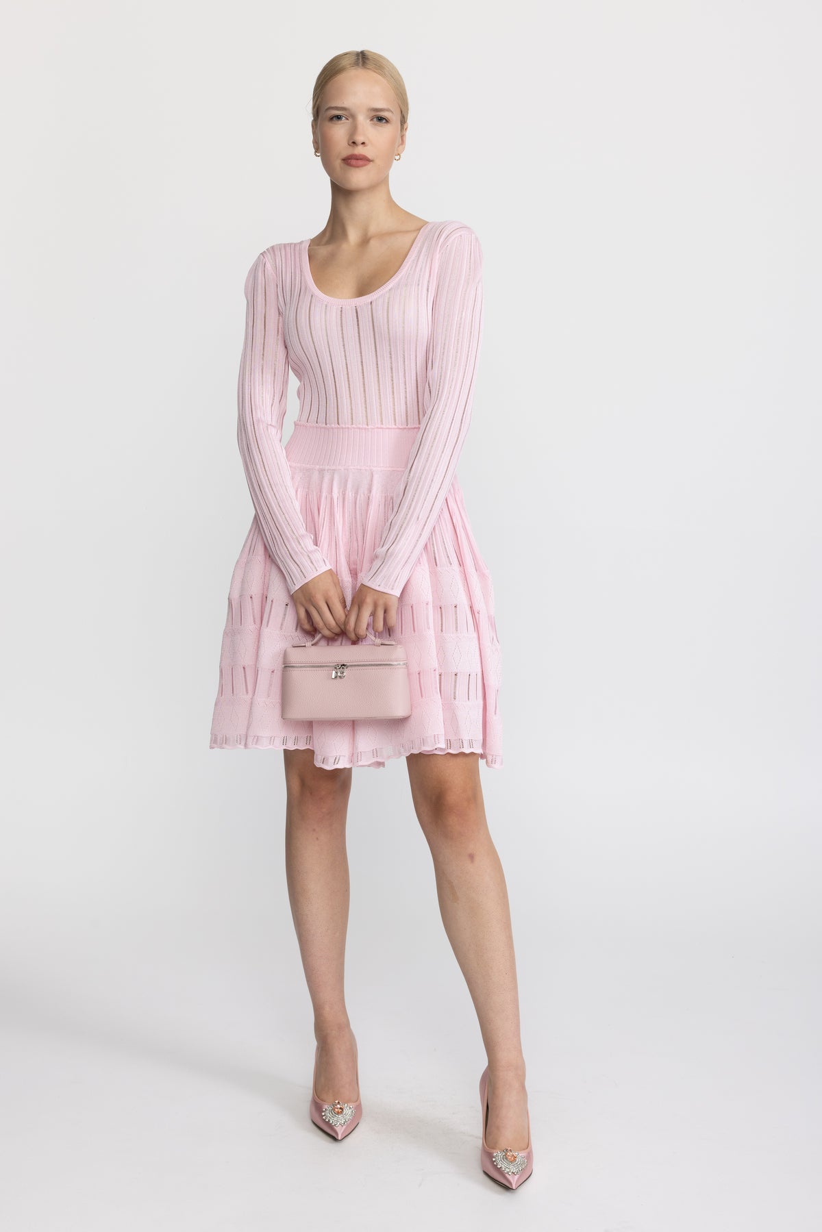 Ladder Knit Scoop Neck Skater Mini Dress - Pink