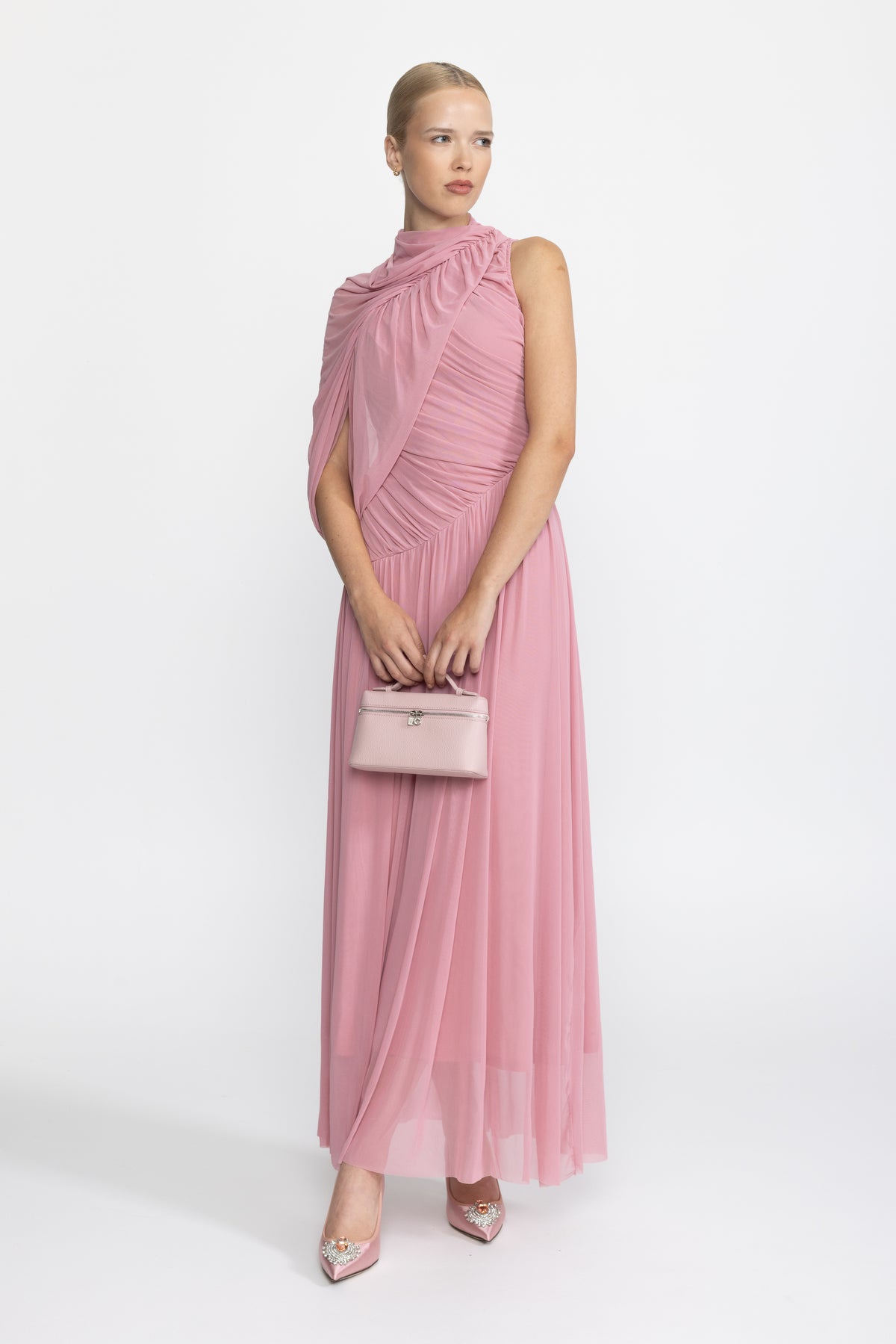 Abito lungo in mesh con scollo drappeggiato a sciarpa - Rosa