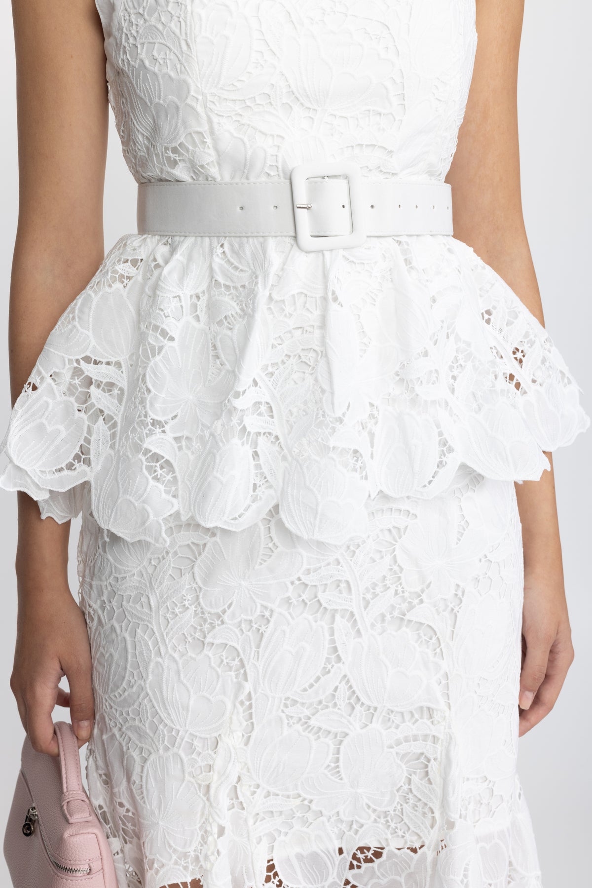 Abito midi peplum in pizzo guipure - Bianco