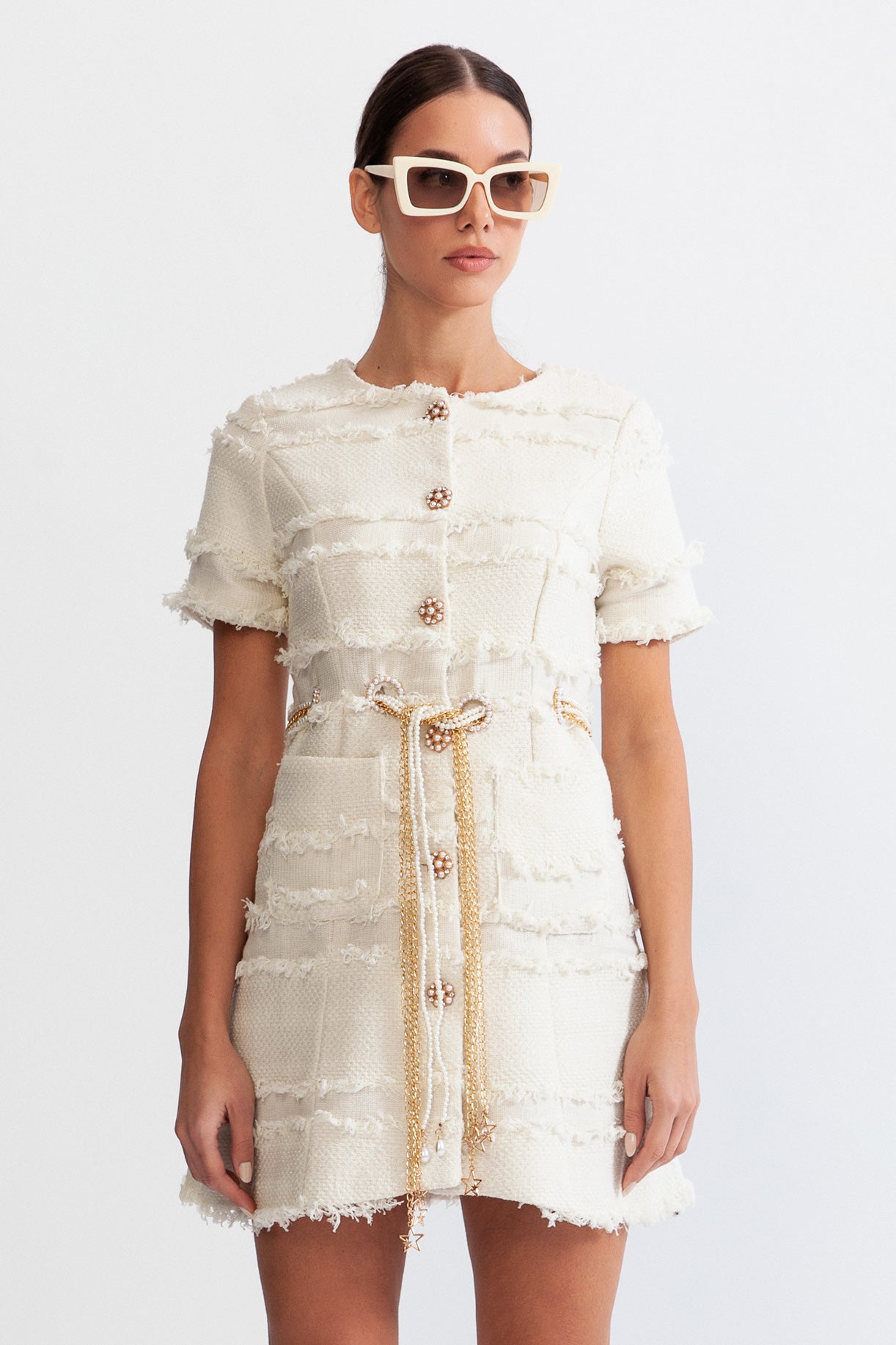 Abito in Tweed con Catena di Perle - Beige