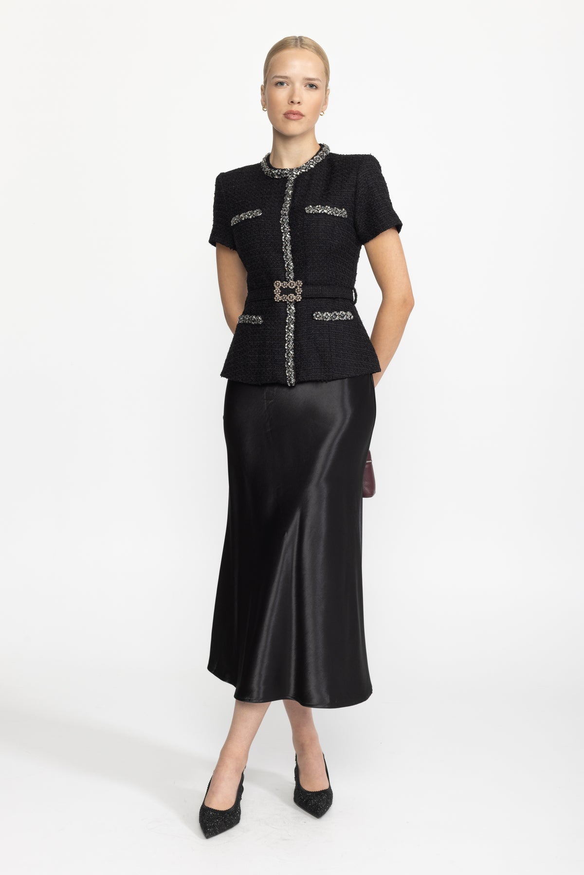 Crystal Trim Tweed and Satin Peplum Midi Dress - Black