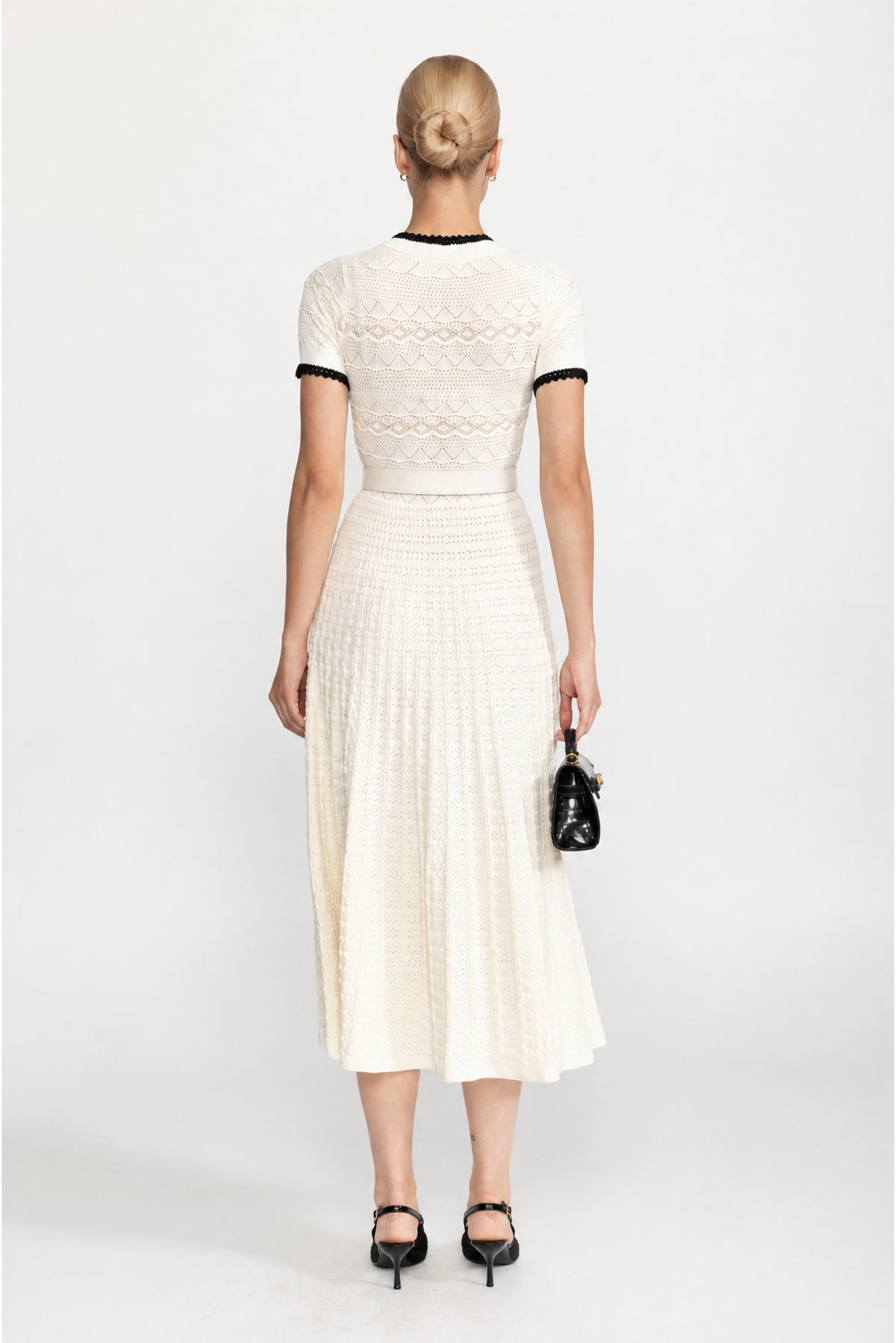 Abito midi in maglia pointelle con cintura - Ivoire