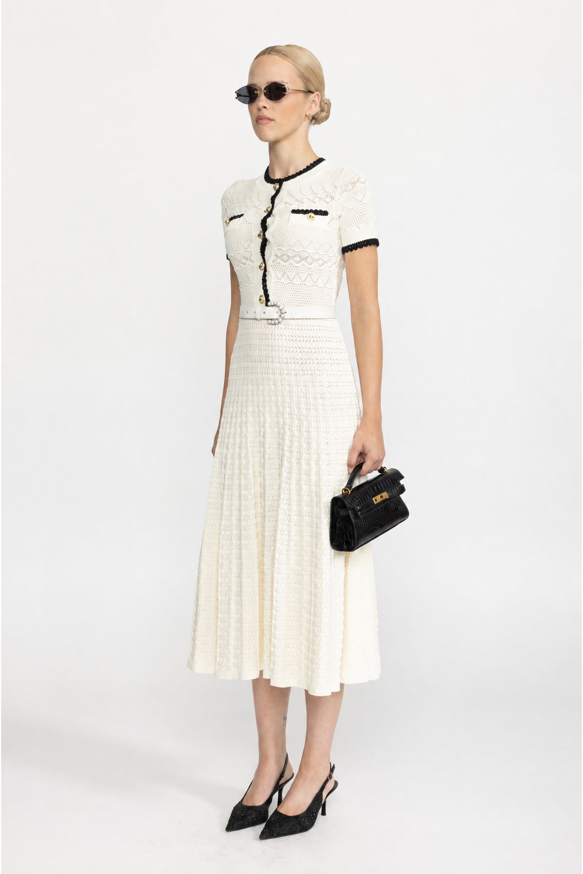 Abito midi in maglia pointelle con cintura - Ivoire