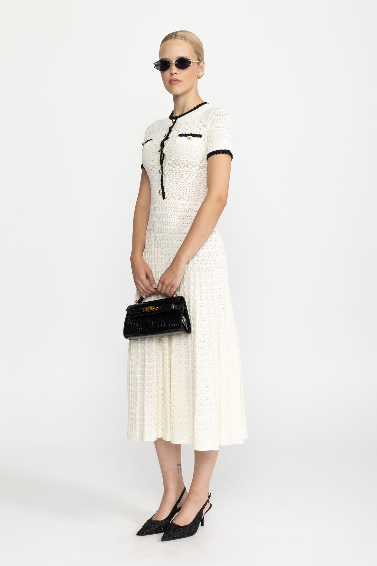 Abito midi in maglia pointelle con cintura - Ivoire