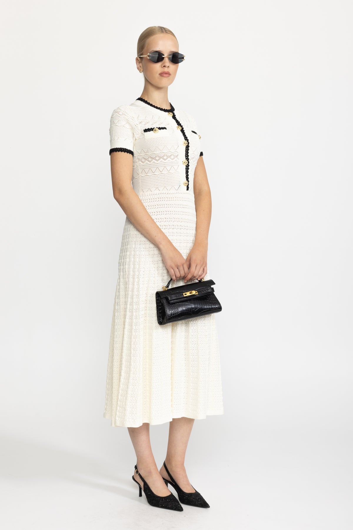 Abito midi in maglia pointelle con cintura - Ivoire