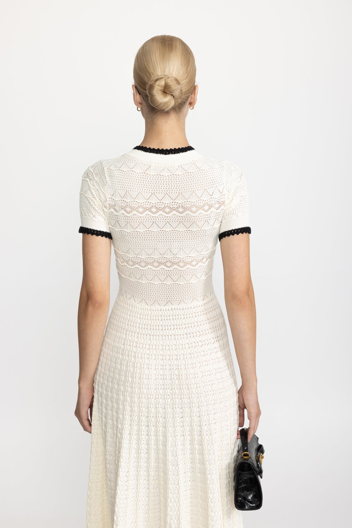 Abito midi in maglia pointelle con cintura - Ivoire