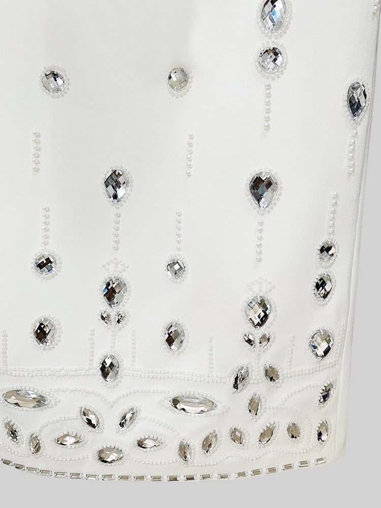Coordinato con Mini Gonna Decorato con Diamanti - Bianco