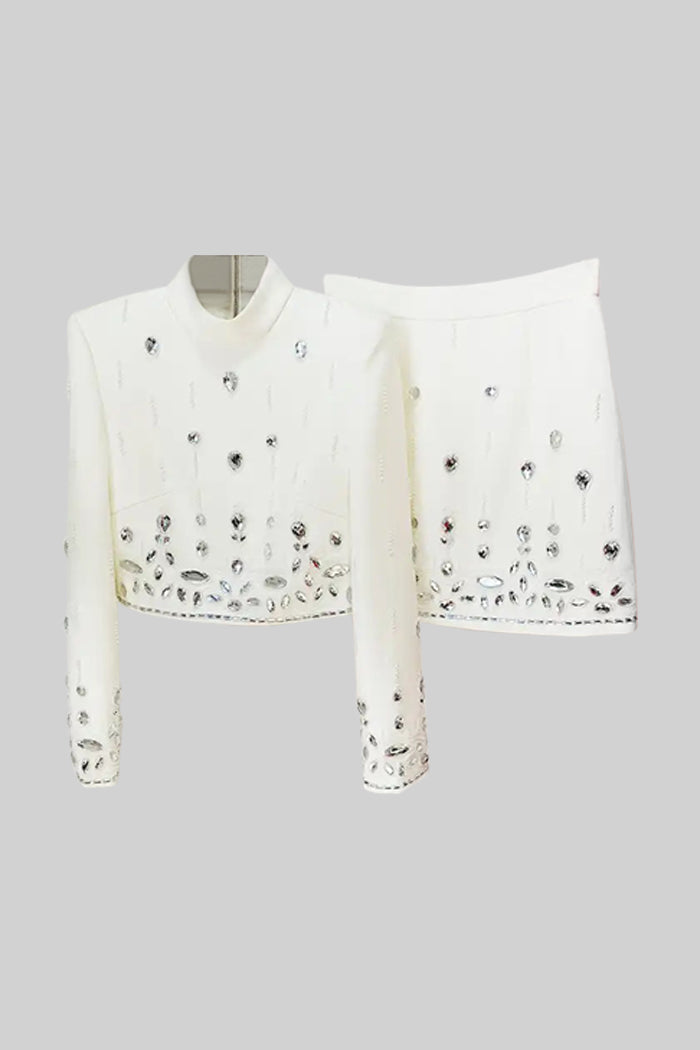 Coordinato con Mini Gonna Decorato con Diamanti - Bianco