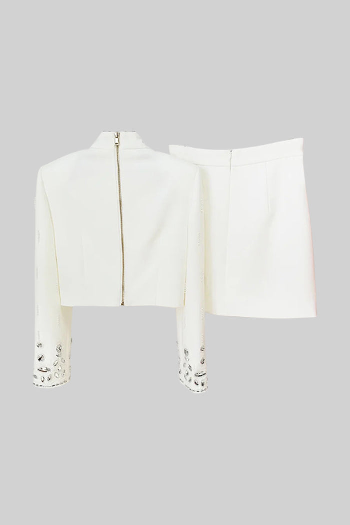 Coordinato con Mini Gonna Decorato con Diamanti - Bianco