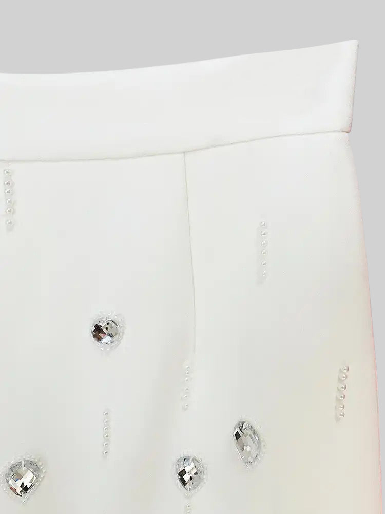 Coordinato con Mini Gonna Decorato con Diamanti - Bianco