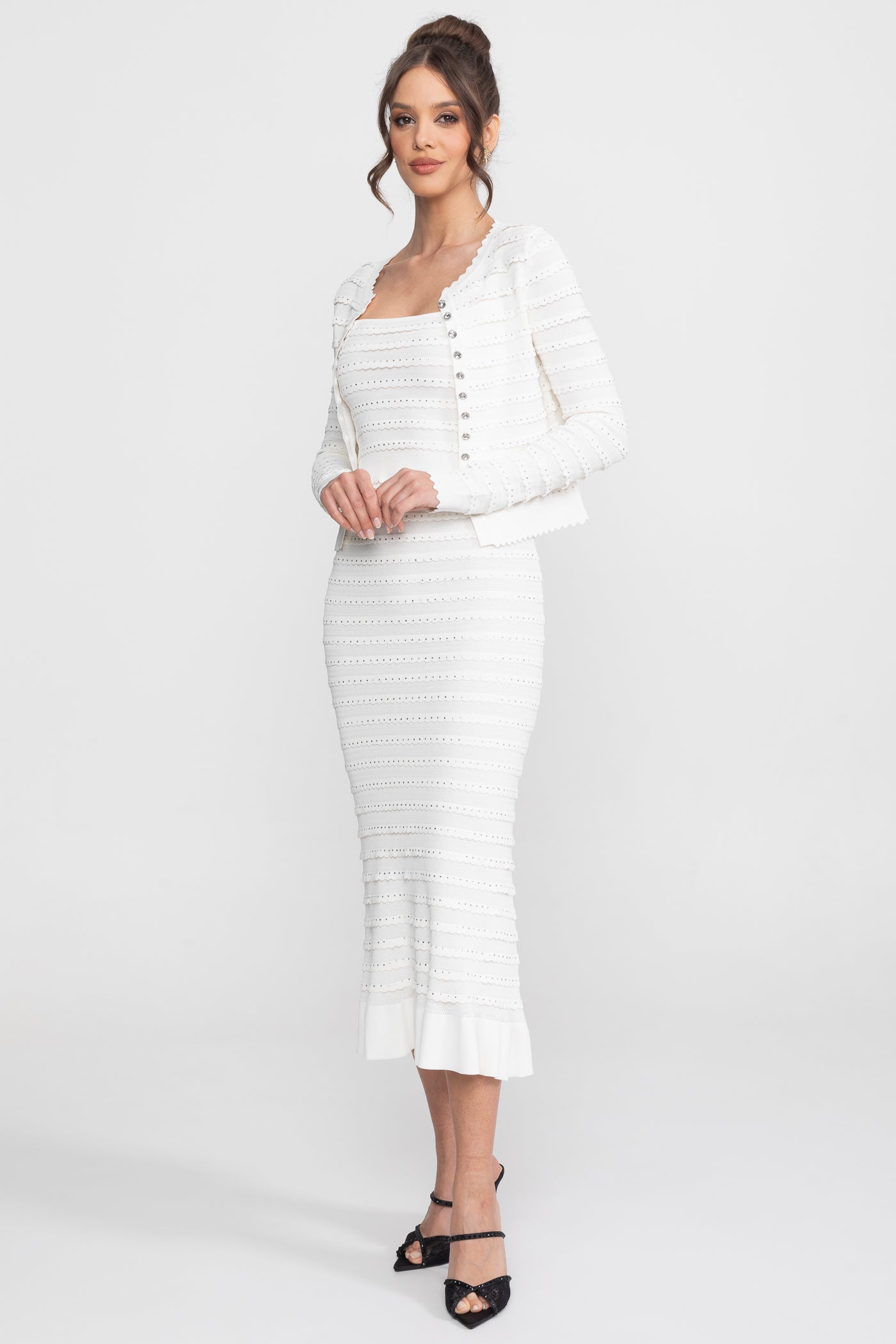 Set in maglia testurizzata 3 pezzi con blazer, top e gonna midi - Bianco