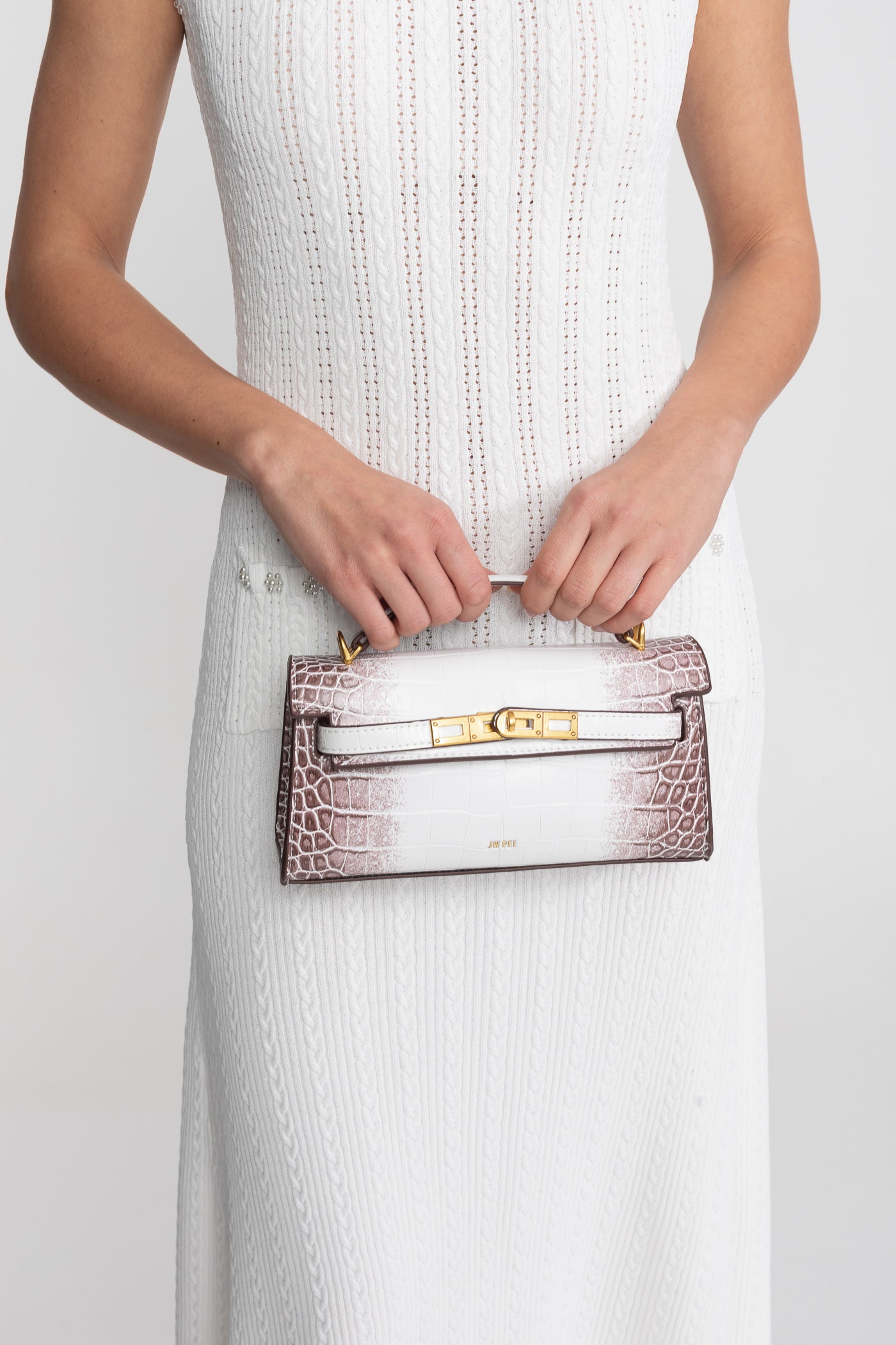 Borsa Mini Strutturata in Stile Kelly con Finiture Dorate - Off-White Effetto Coccodrillo