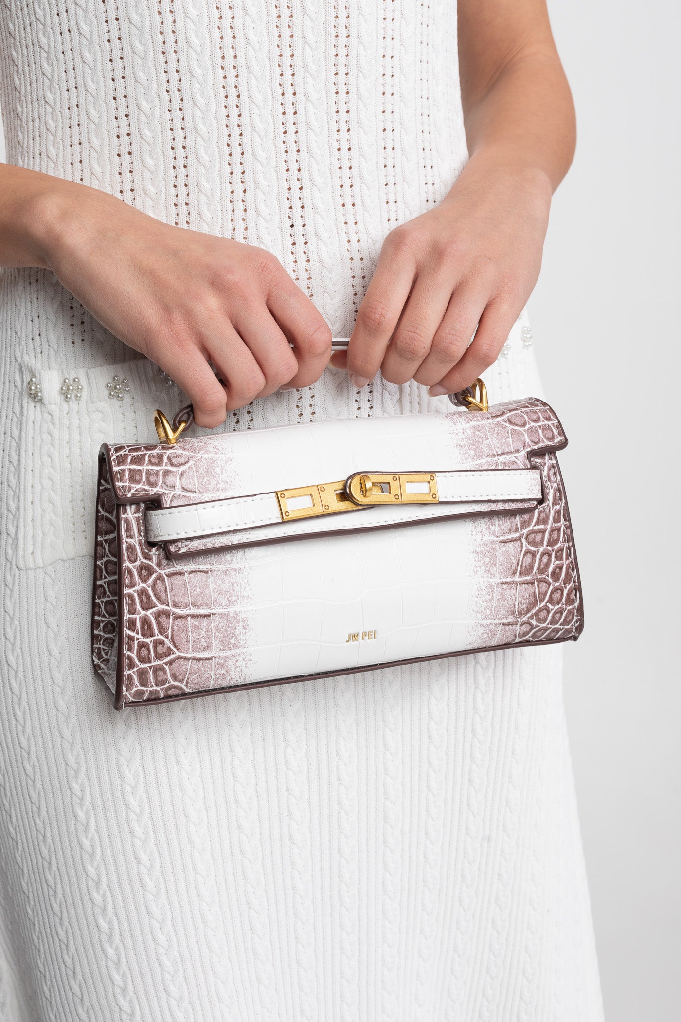 Borsa Mini Strutturata in Stile Kelly con Finiture Dorate - Off-White Effetto Coccodrillo