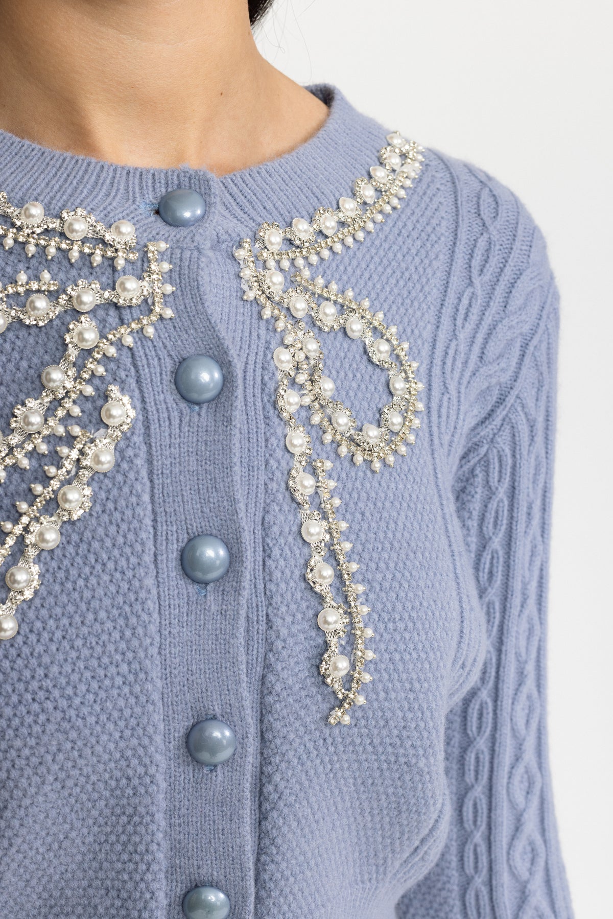 Pearl Bow Embellished Cable Knit Cardigan - Blue