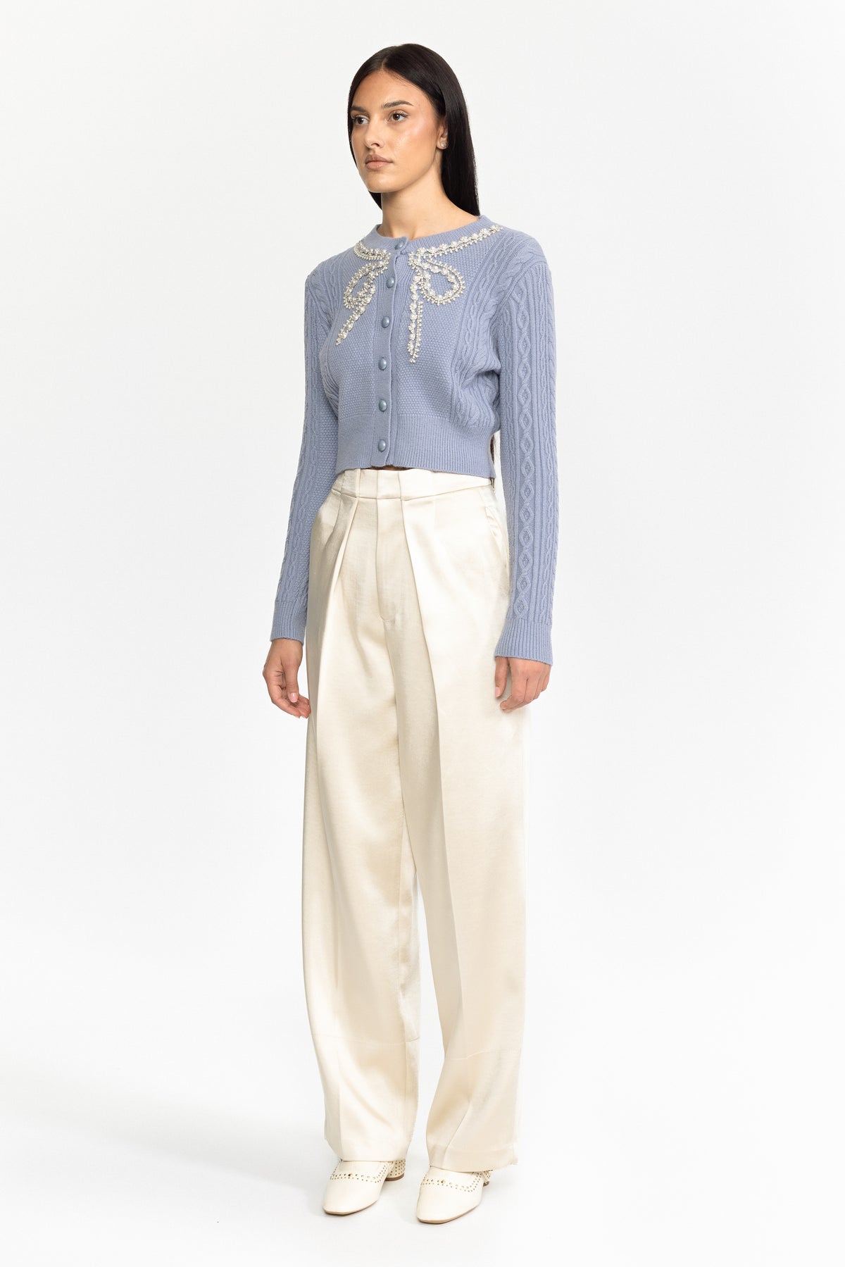 Pearl Bow Embellished Cable Knit Cardigan - Blue