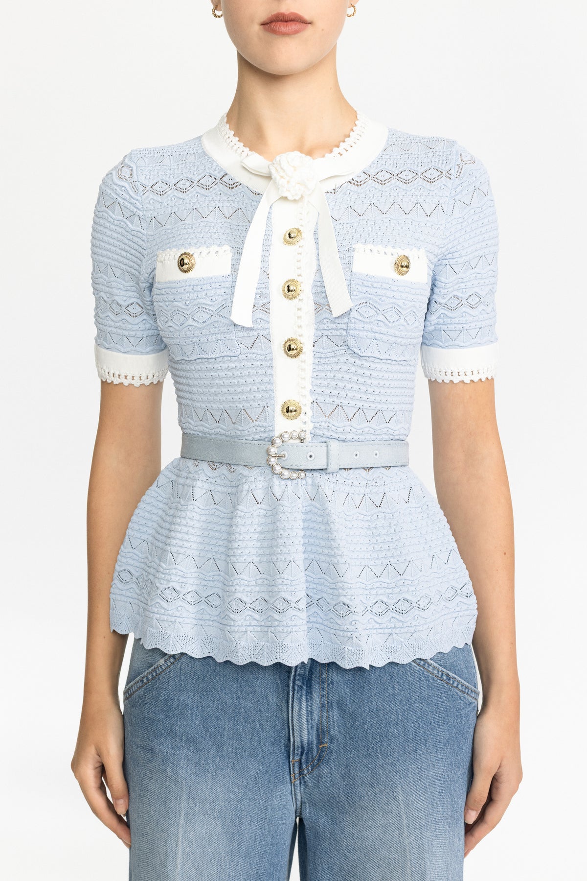 Pointelle Knit Bow Peplum Top - Light Blue