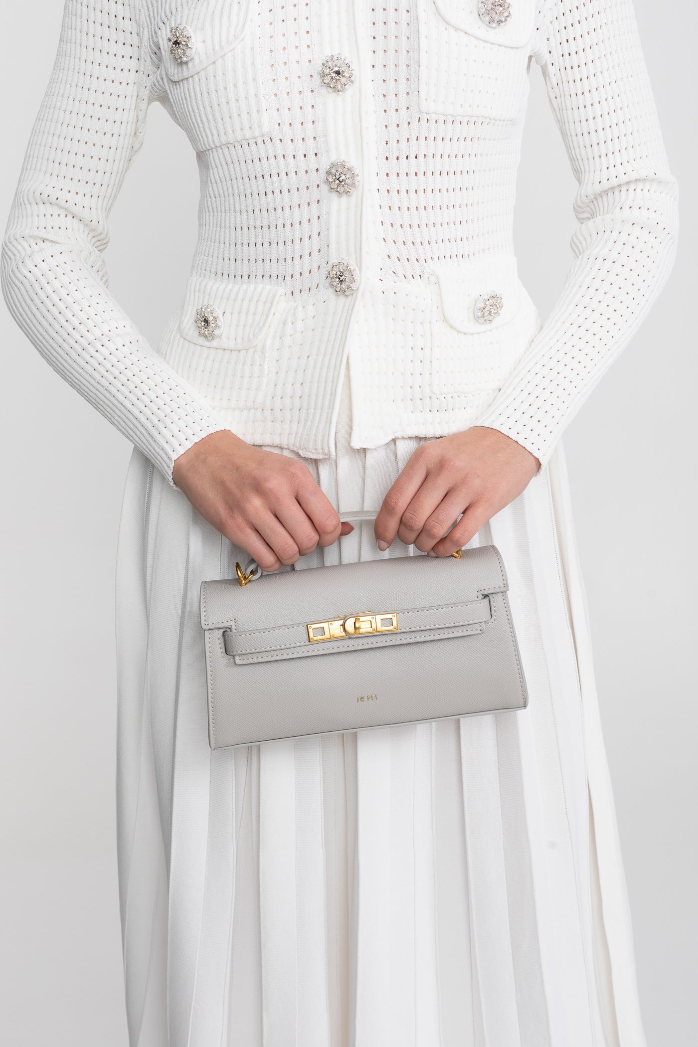 Borsa Mini Strutturata in Stile Kelly con Hardware Color Oro - Grigio Chiaro