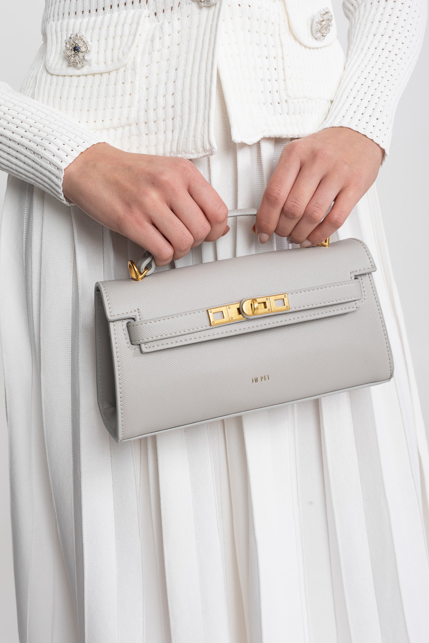 Borsa Mini Strutturata in Stile Kelly con Hardware Color Oro - Grigio Chiaro