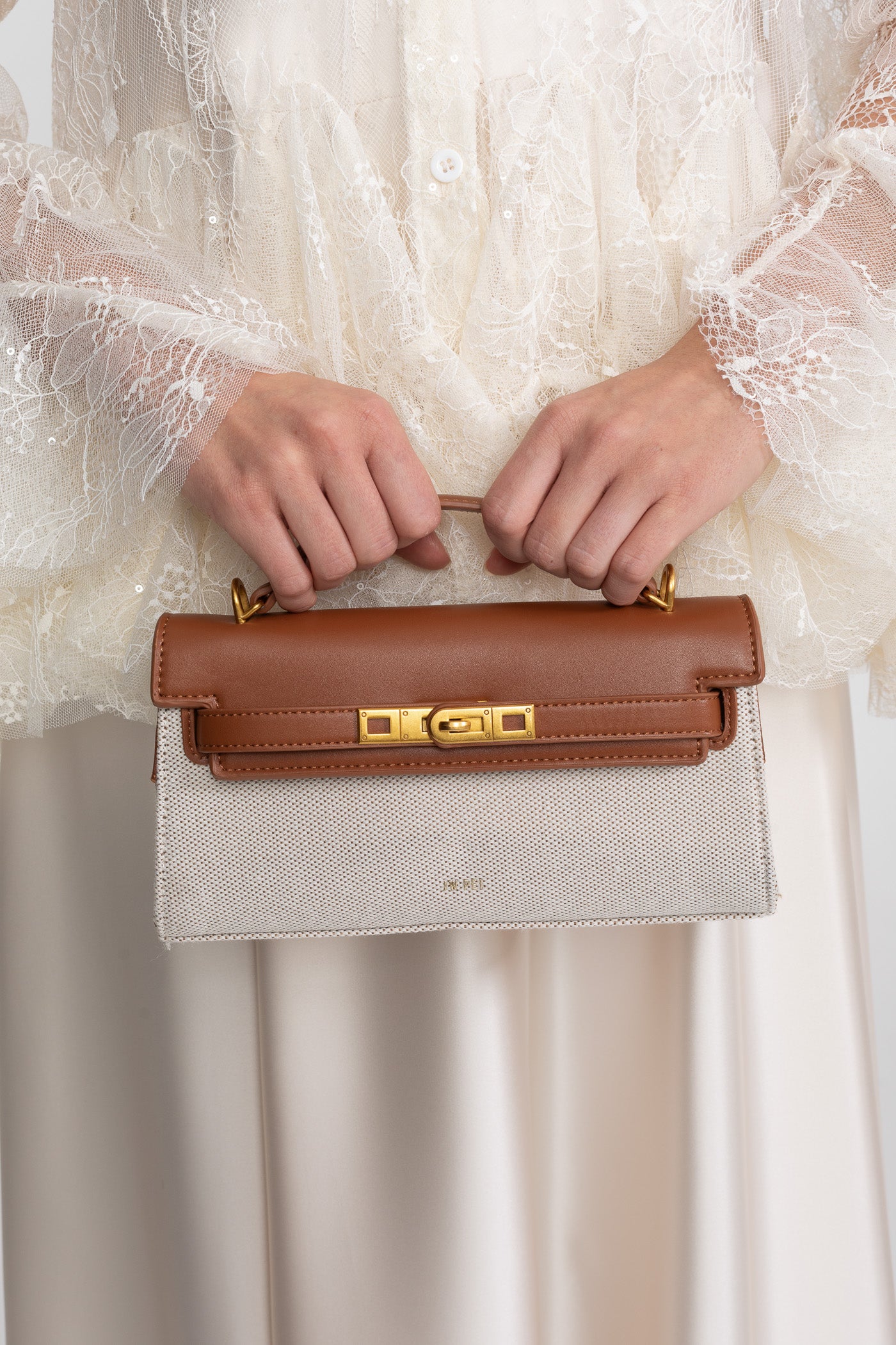 Mini bag strutturata in stile Kelly con finiture in metallo color oro - Marrone/Grigio