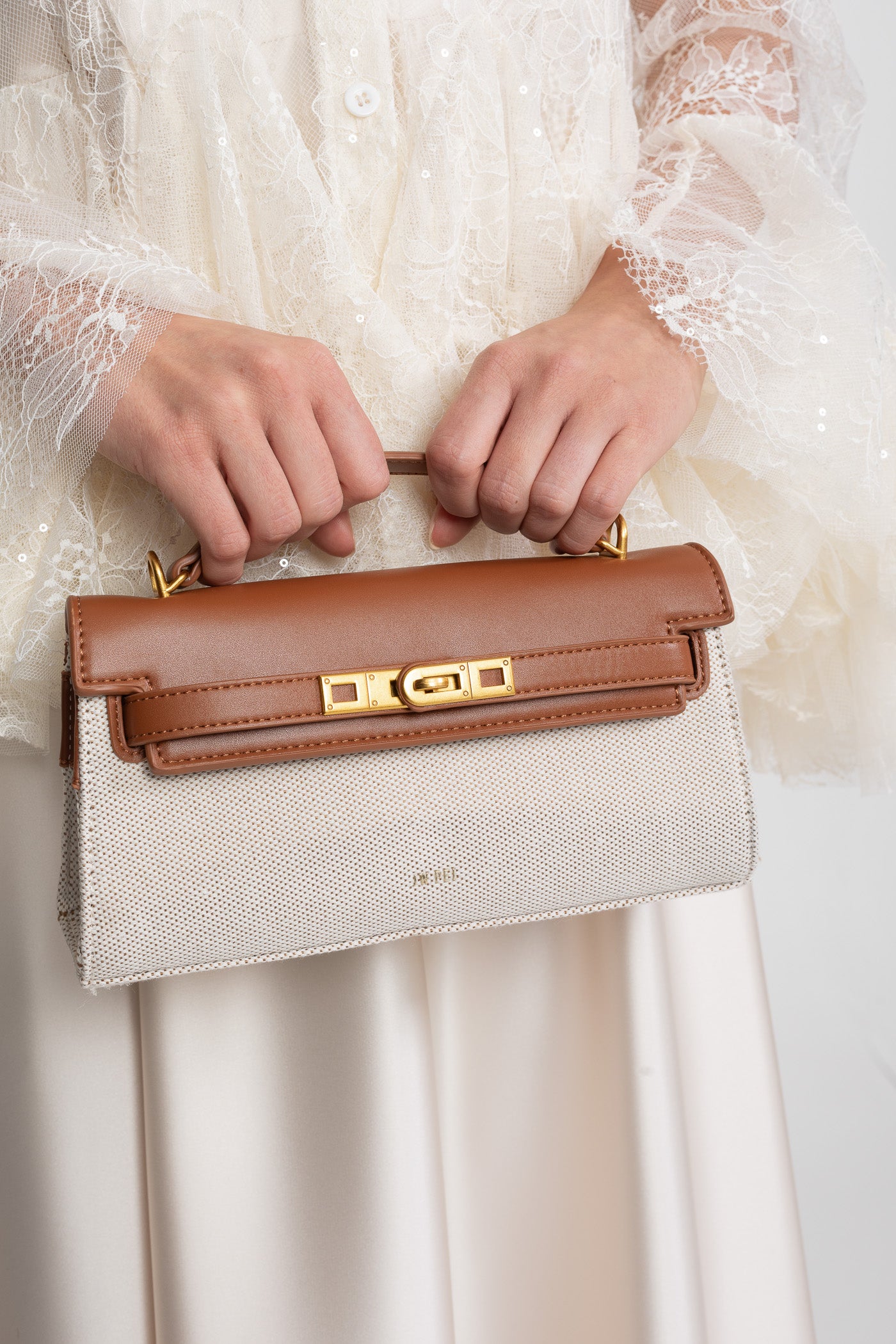 Mini bag strutturata in stile Kelly con finiture in metallo color oro - Marrone/Grigio