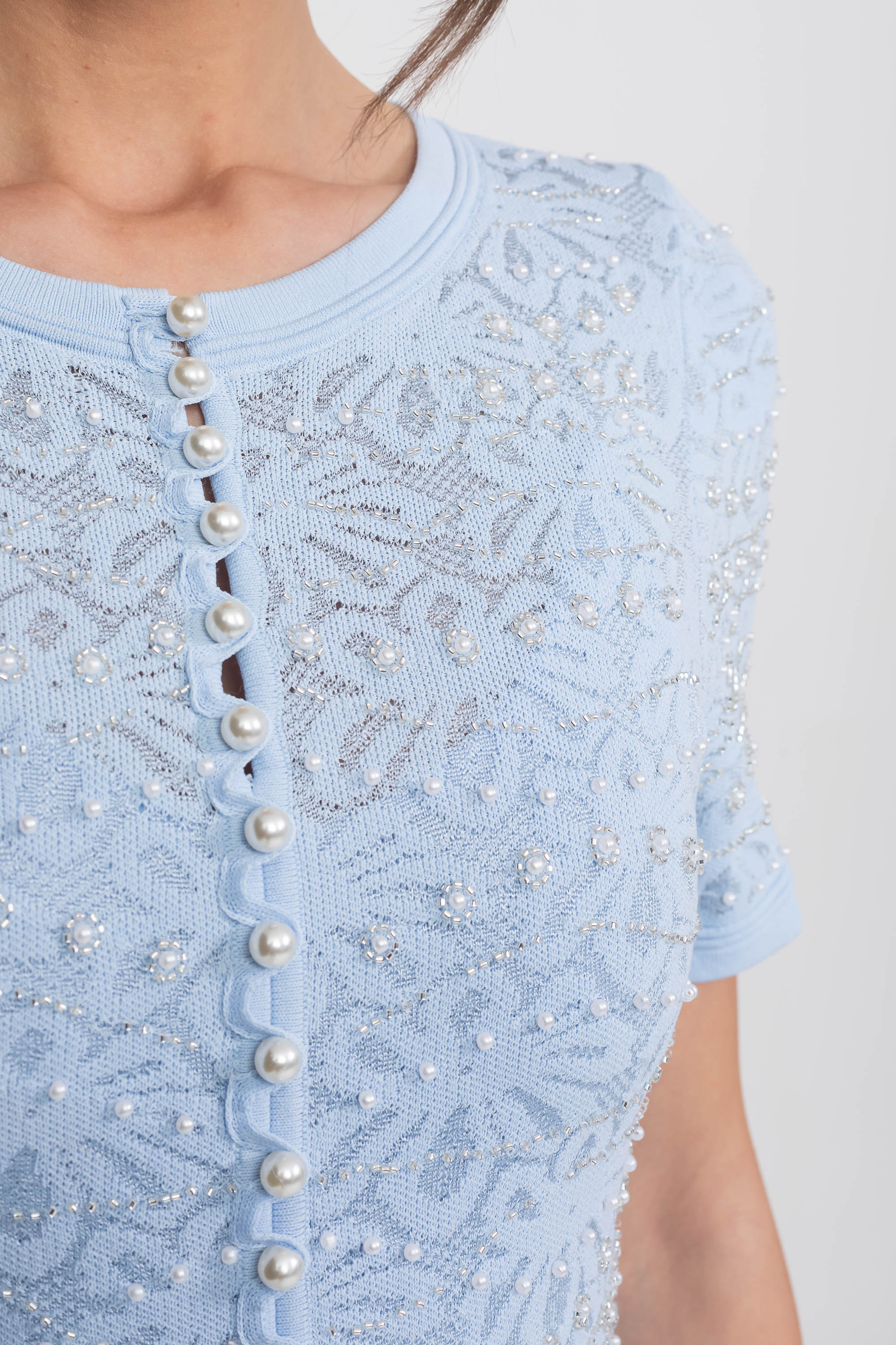 Abito Midi a Maniche Corte con Decorazioni in Perle - Powder Blue