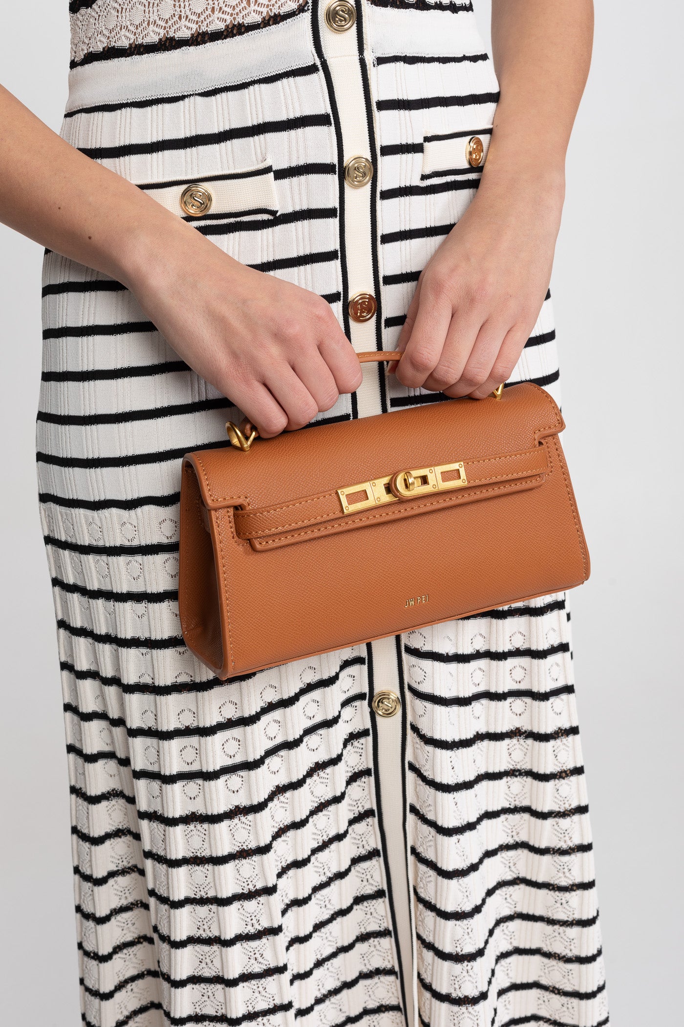 Borsa Mini Strutturata in Stile Kelly con Dettagli in Metallo Color Oro - Marrone