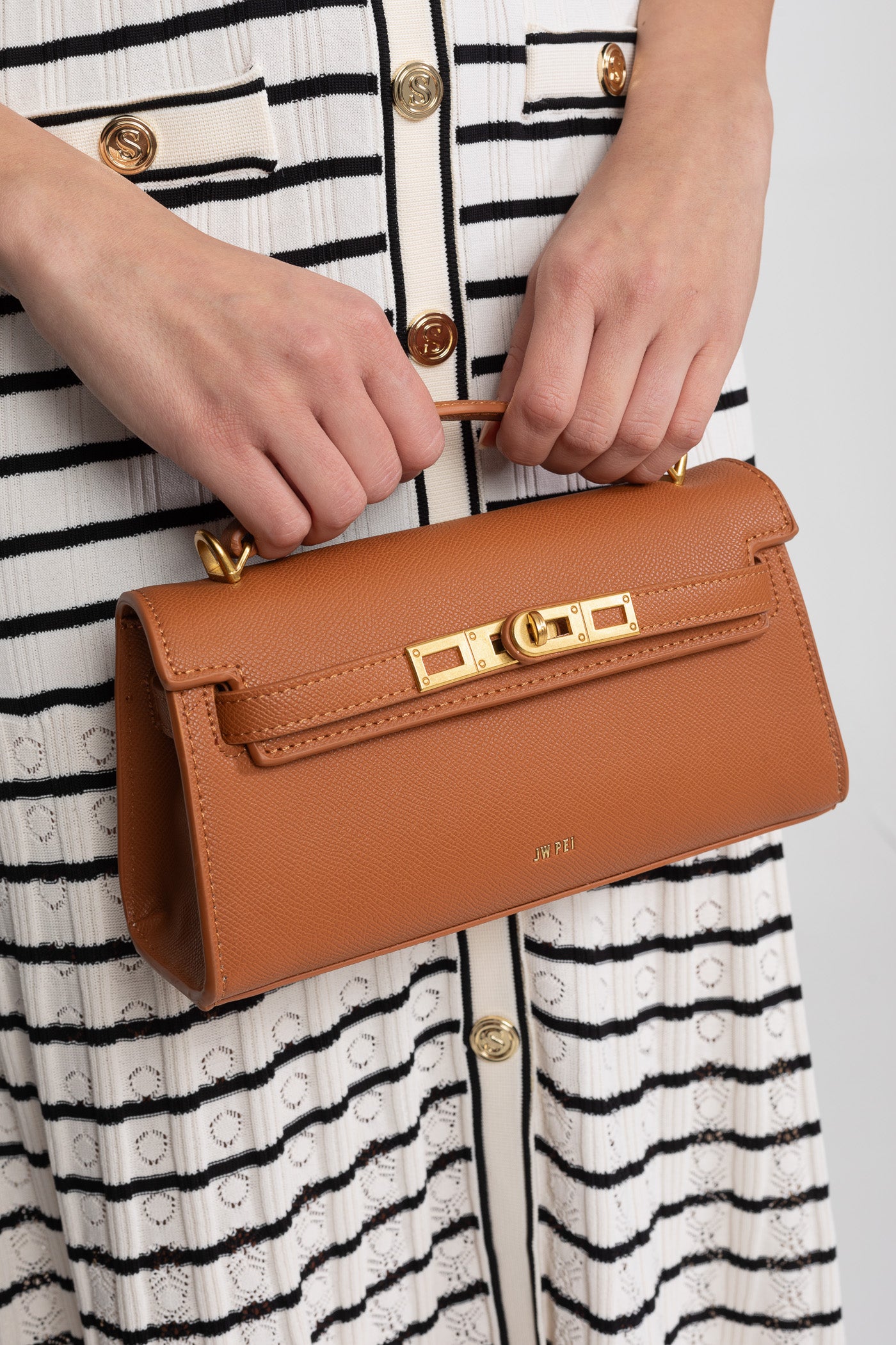 Borsa Mini Strutturata in Stile Kelly con Dettagli in Metallo Color Oro - Marrone
