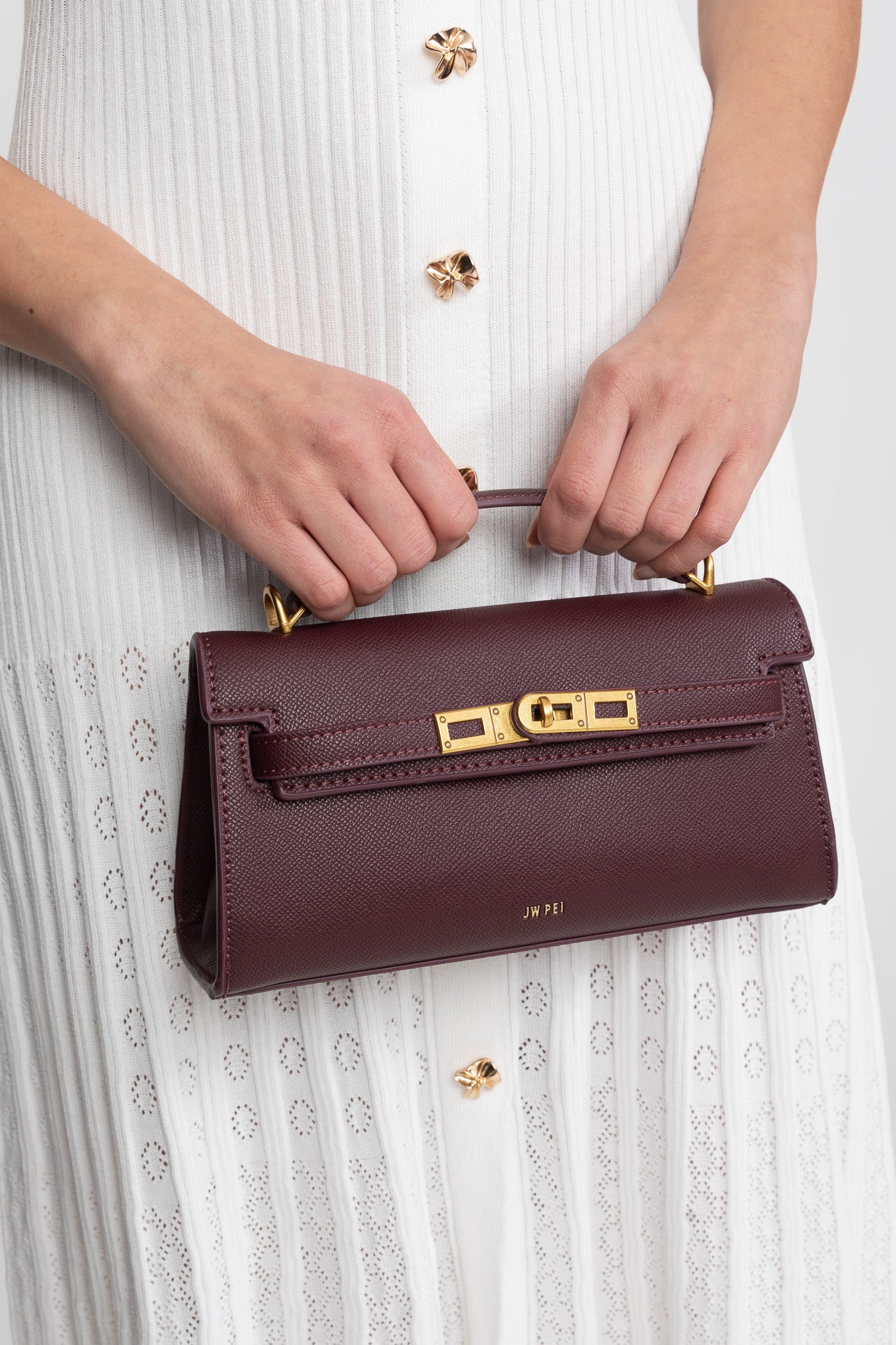 Mini bag strutturata in stile Kelly con hardware color oro - Burgundy