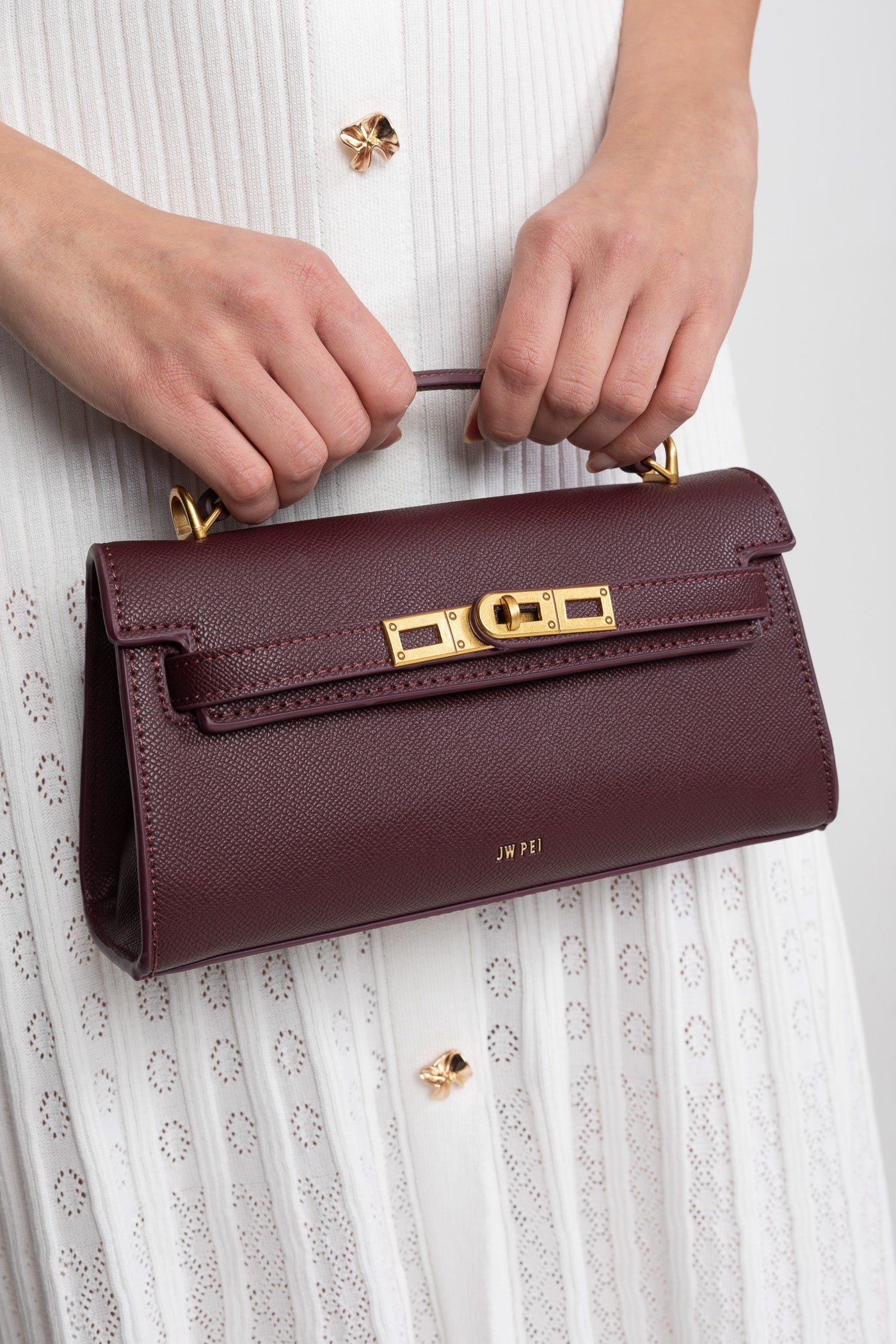Mini bag strutturata in stile Kelly con hardware color oro - Burgundy