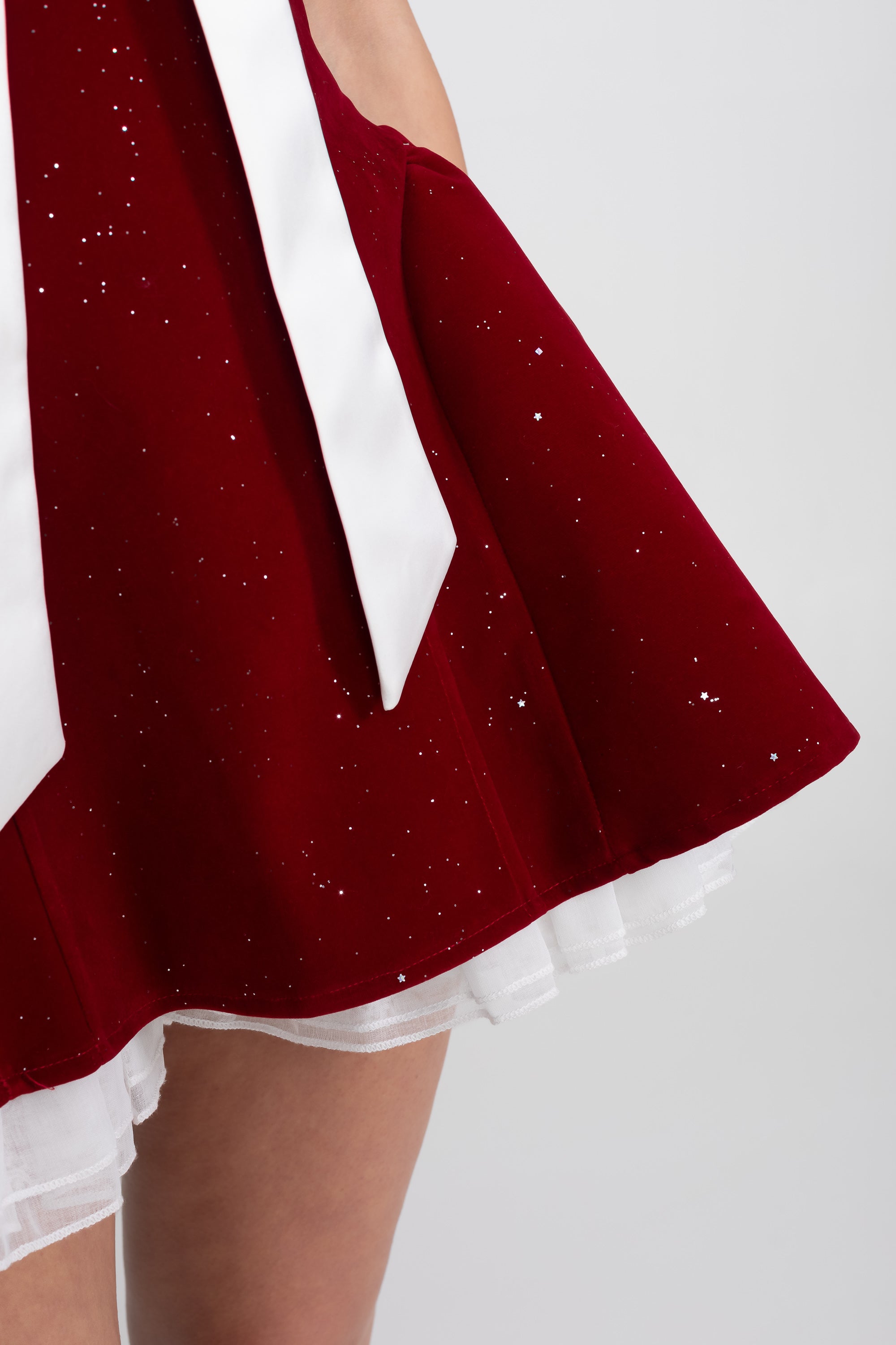 Strapless Velvet Mini Dress With Satin Bow And Ruffle Hem - Red